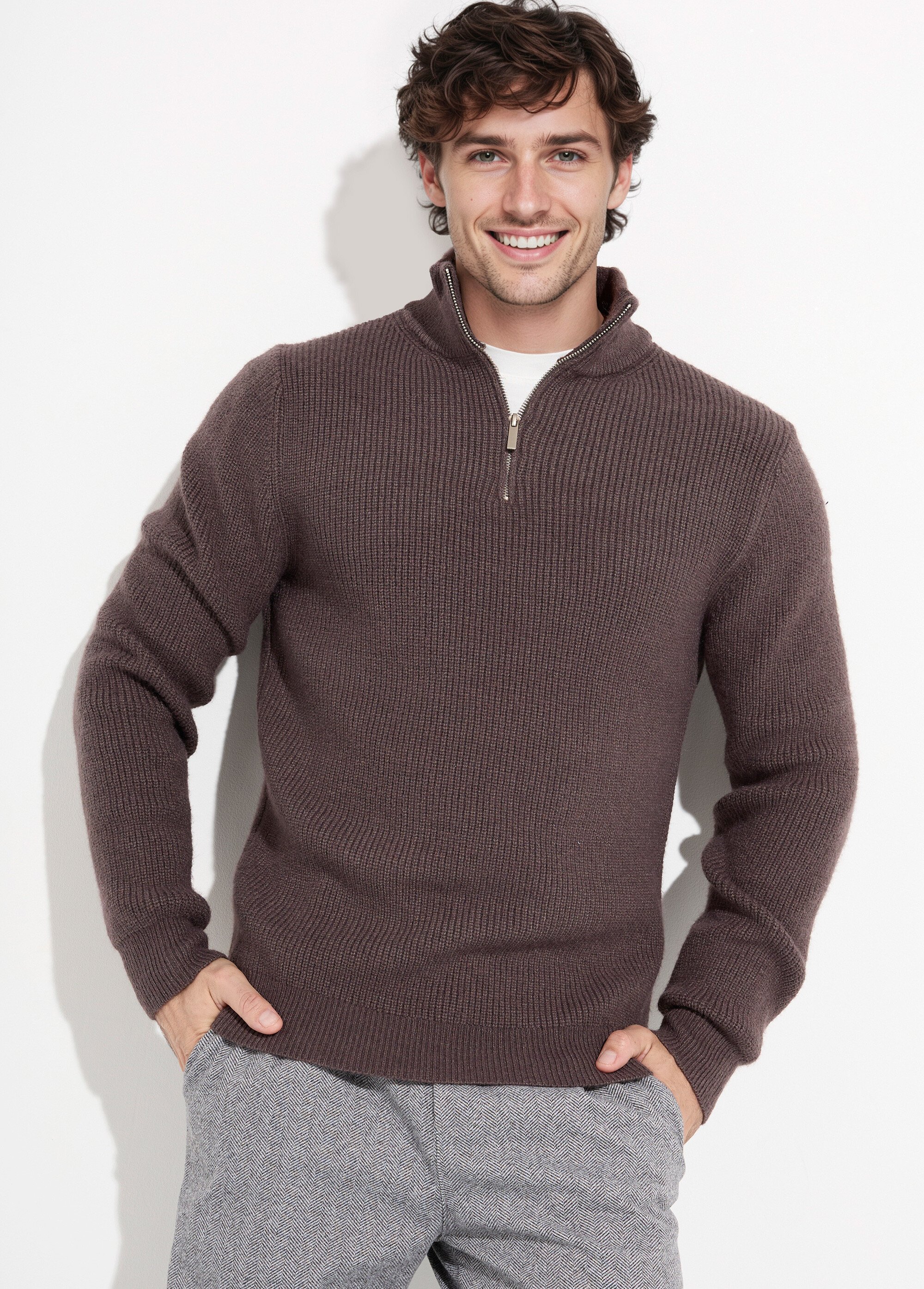 Pull épais avec col zippé camionneur Homme Marron FRICFZ0236A MV1