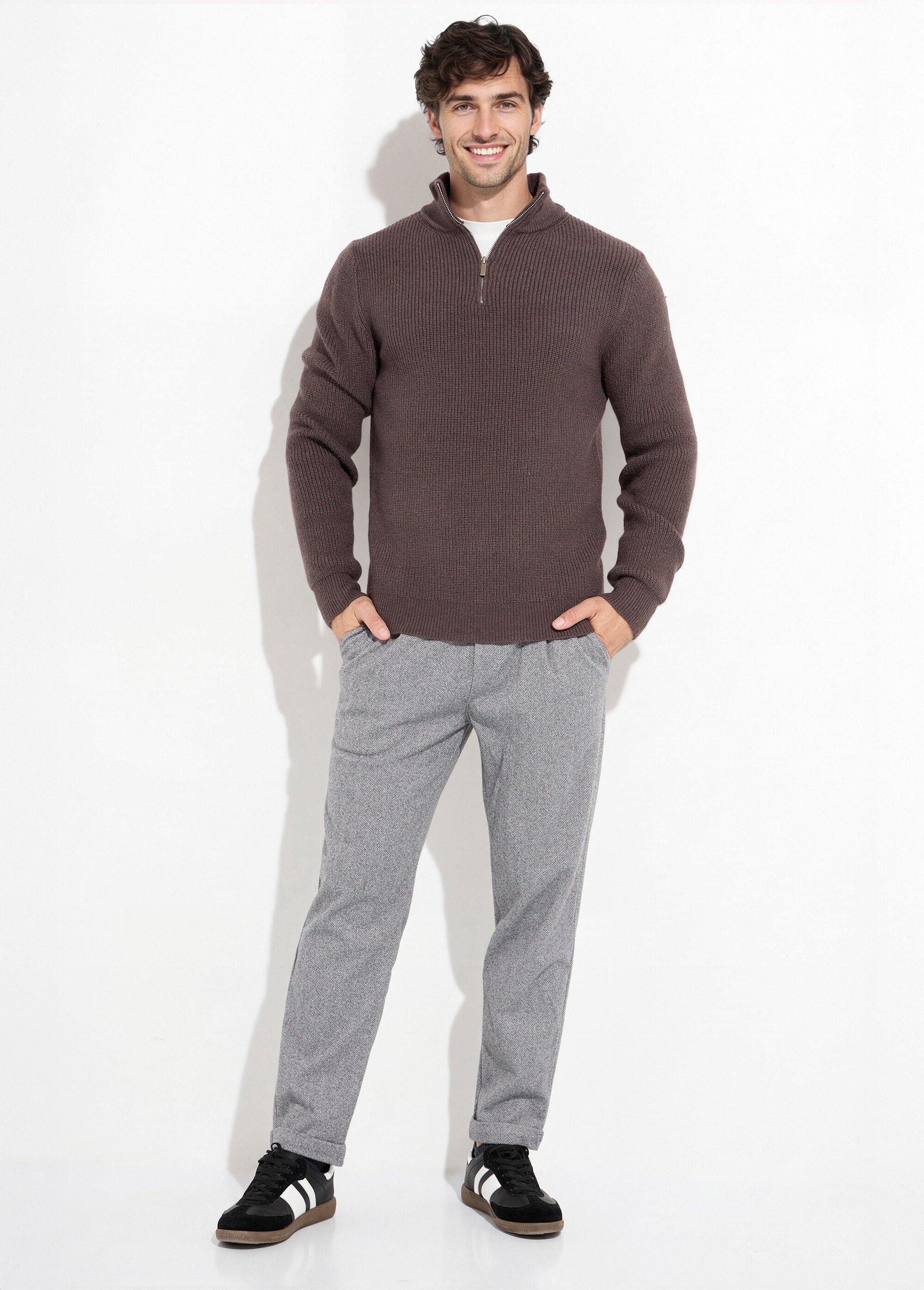 Pull épais avec col zippé camionneur Homme Marron FRICFZ0236A SF1