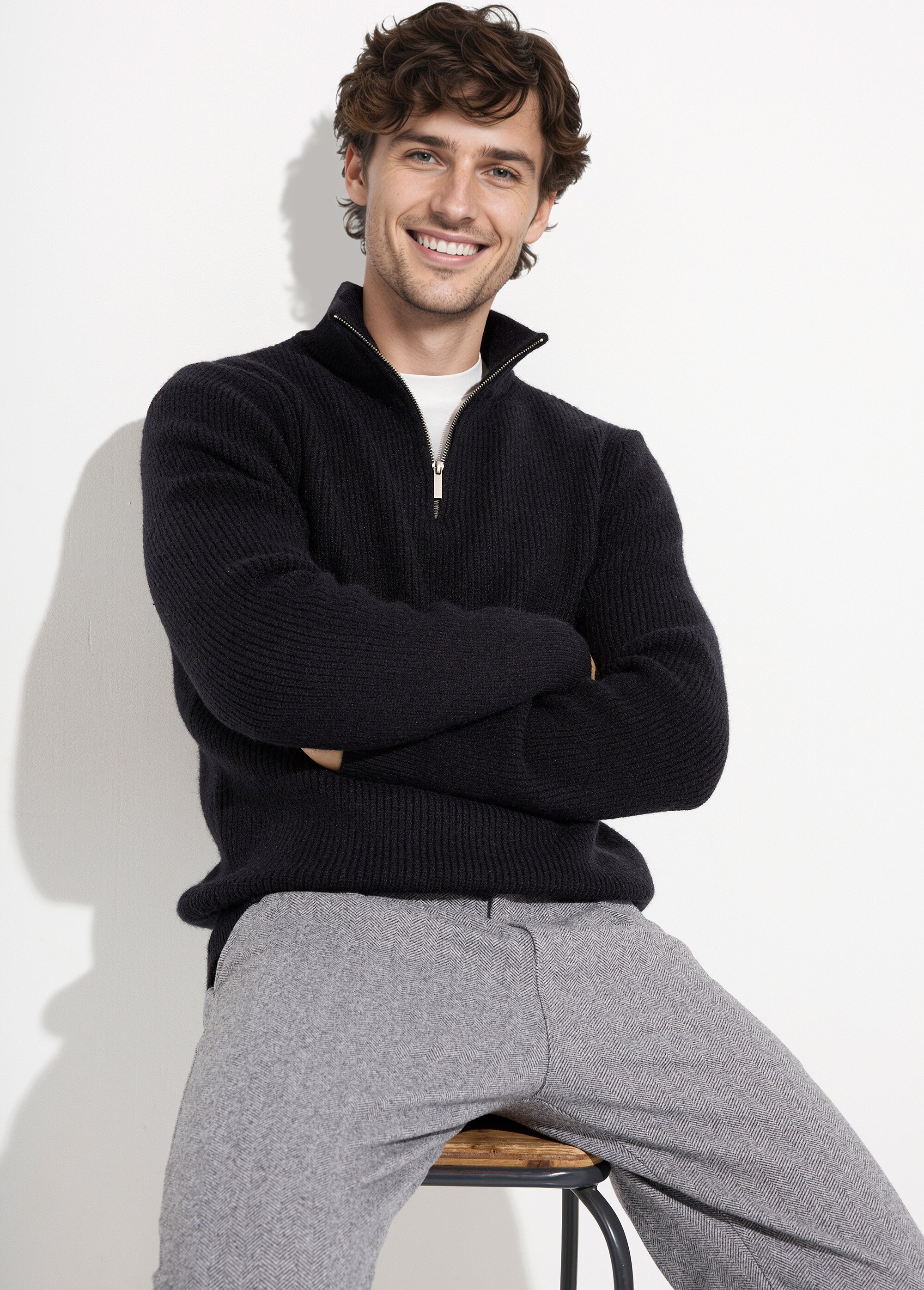 Pull épais avec col zippé camionneur Homme Noir FRICFZ0236A MV1