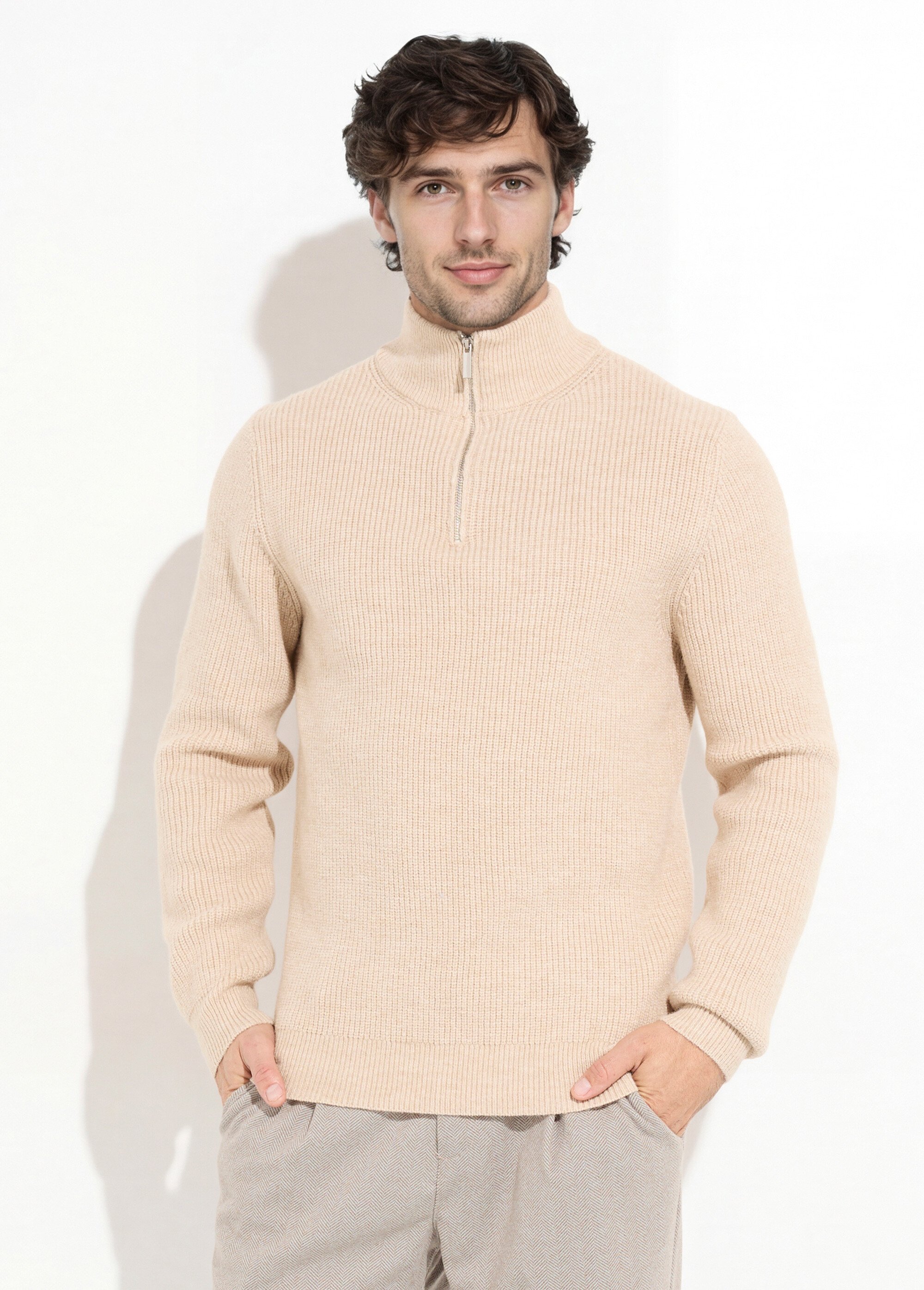 Pull épais avec col zippé camionneur Homme Beige FRICFZ0236A FA1