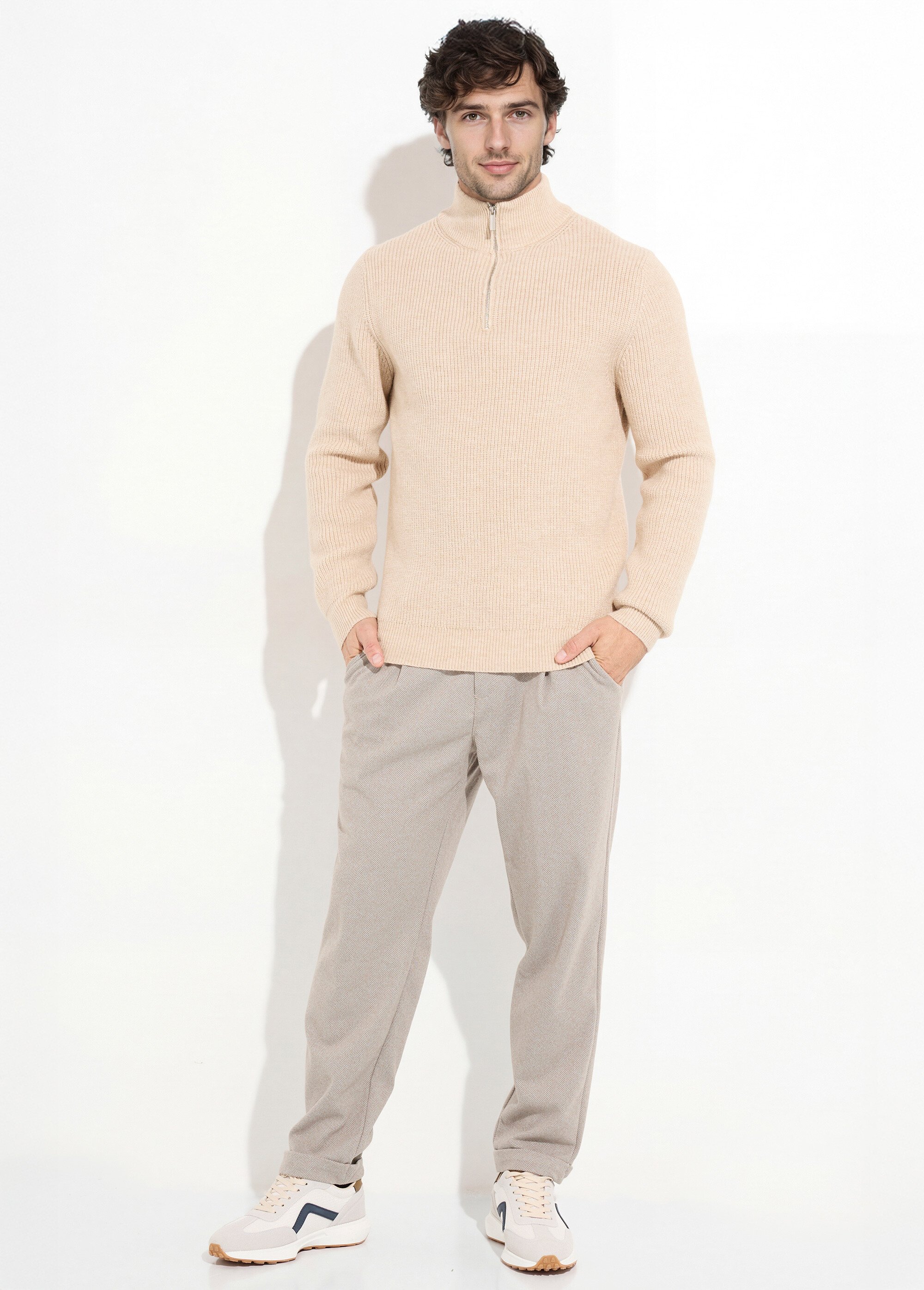 Pull épais avec col zippé camionneur Homme Beige FRICFZ0236A SF1