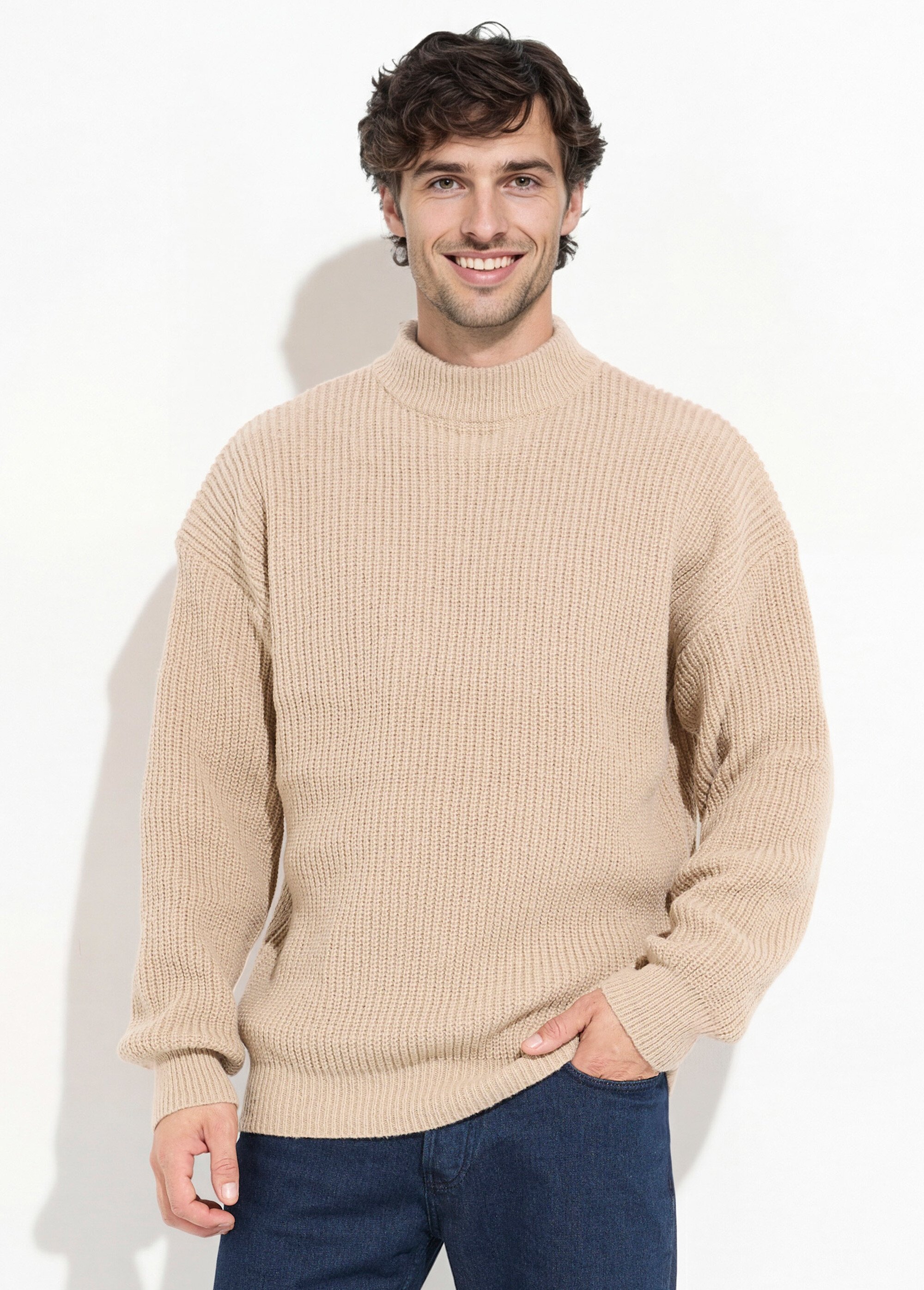 Pull épais chaud torsadé col montant Homme Marron FRICF-A5137 FA1