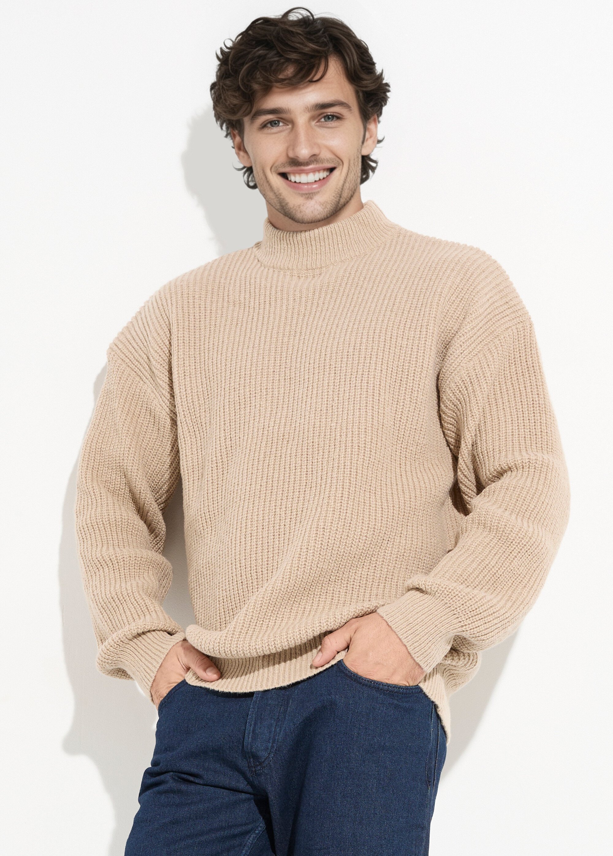 Pull épais chaud torsadé col montant Homme Marron FRICF-A5137 MV1