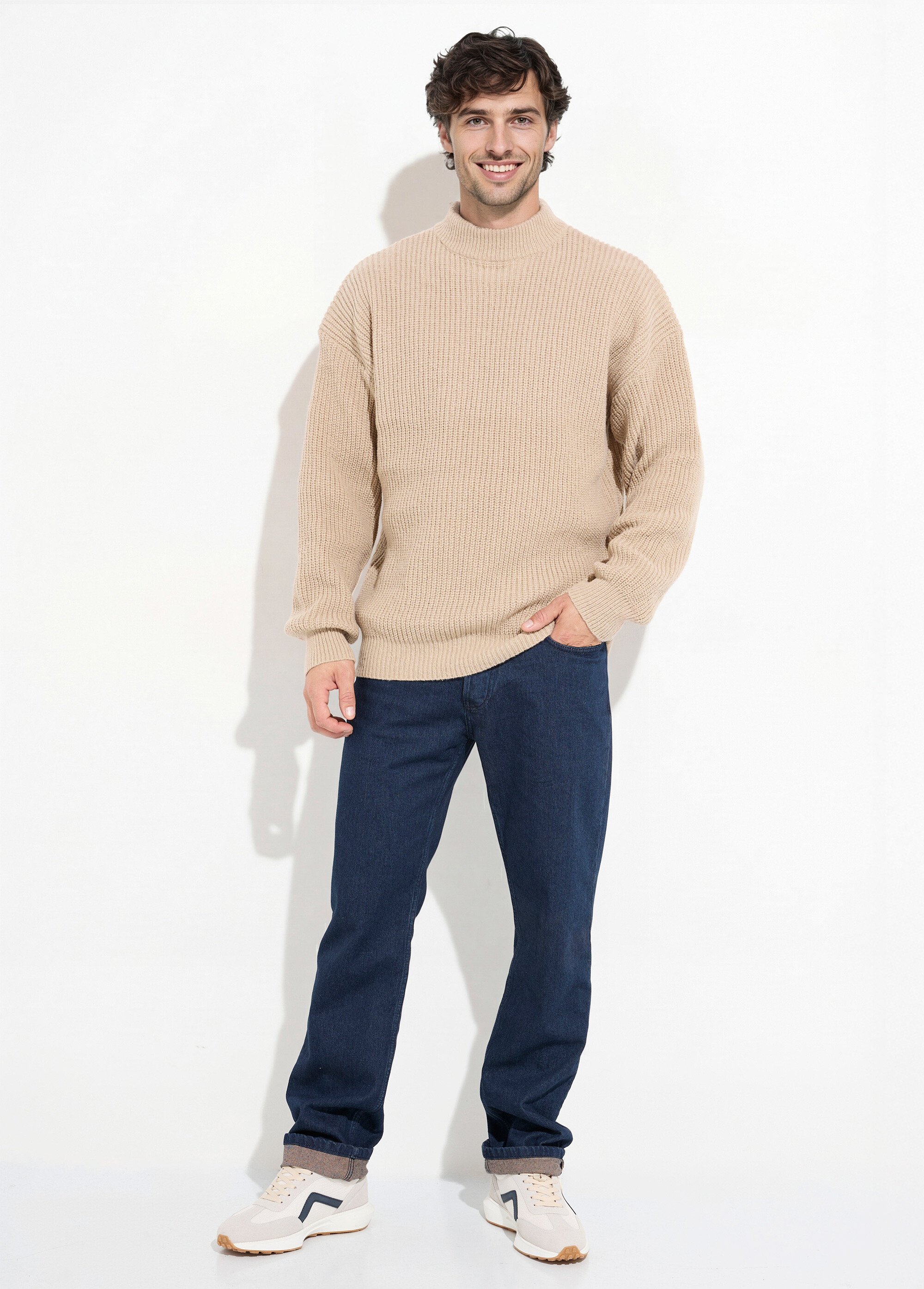 Pull épais chaud torsadé col montant Homme Marron FRICF-A5137 SF1