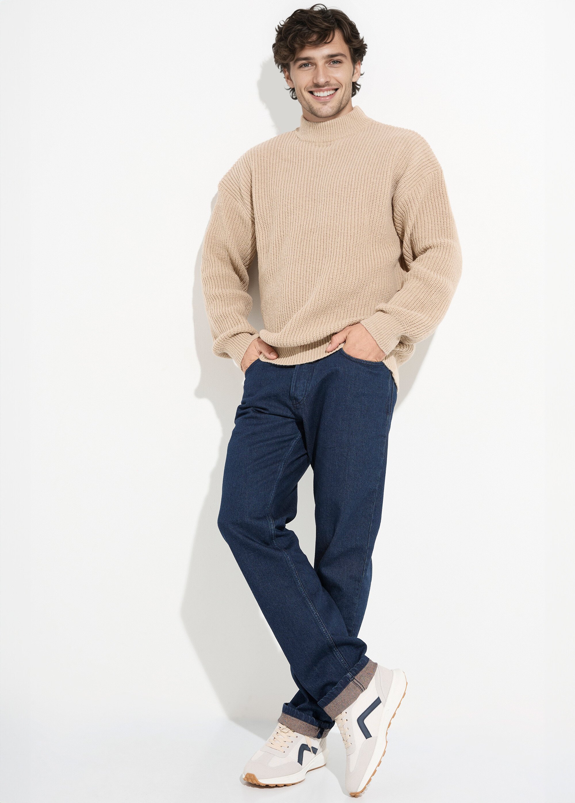 Pull épais chaud torsadé col montant Homme Marron FRICF-A5137 SI1