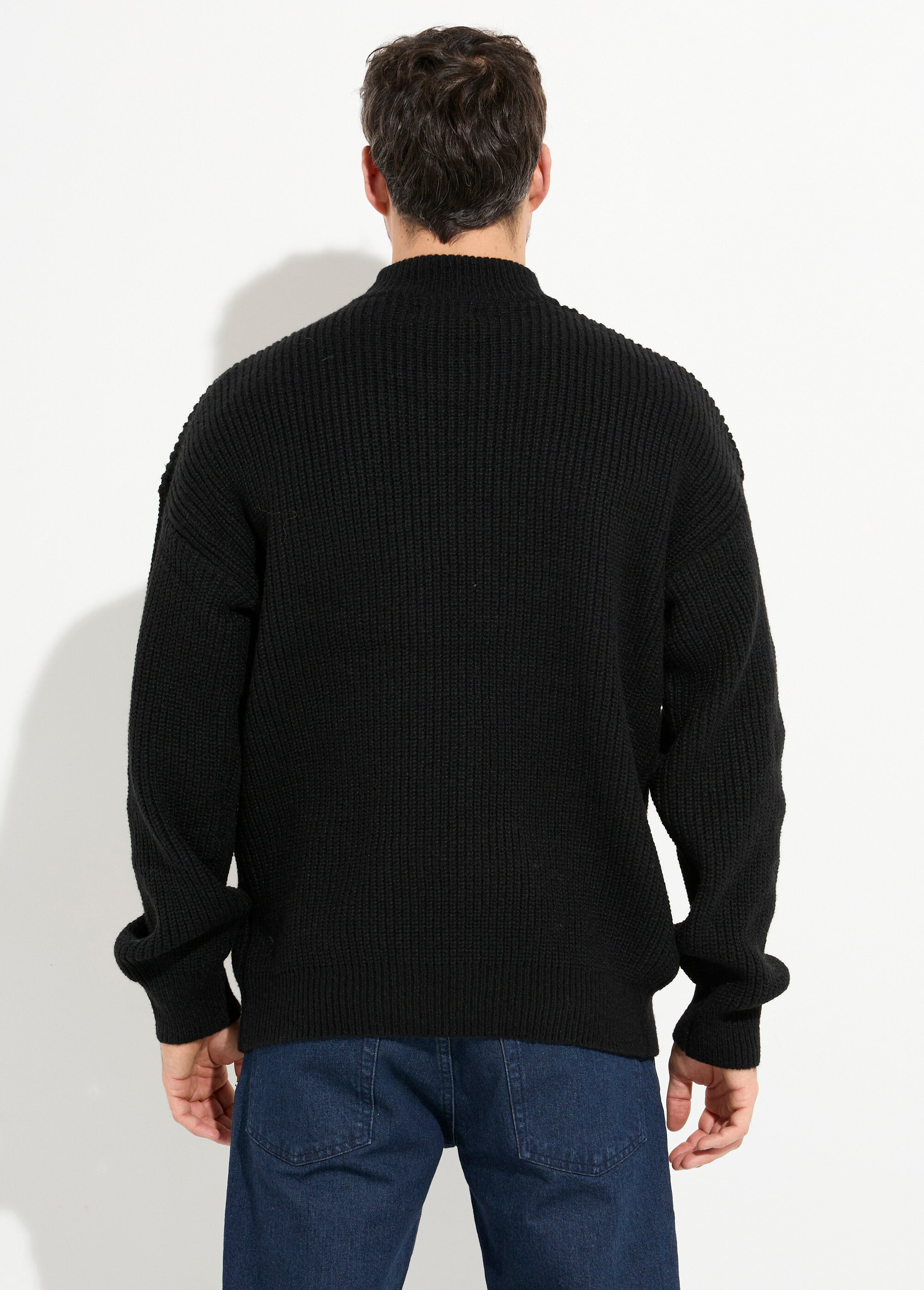 Pull épais chaud torsadé col montant Homme Noir FRICF-A5137 DO1