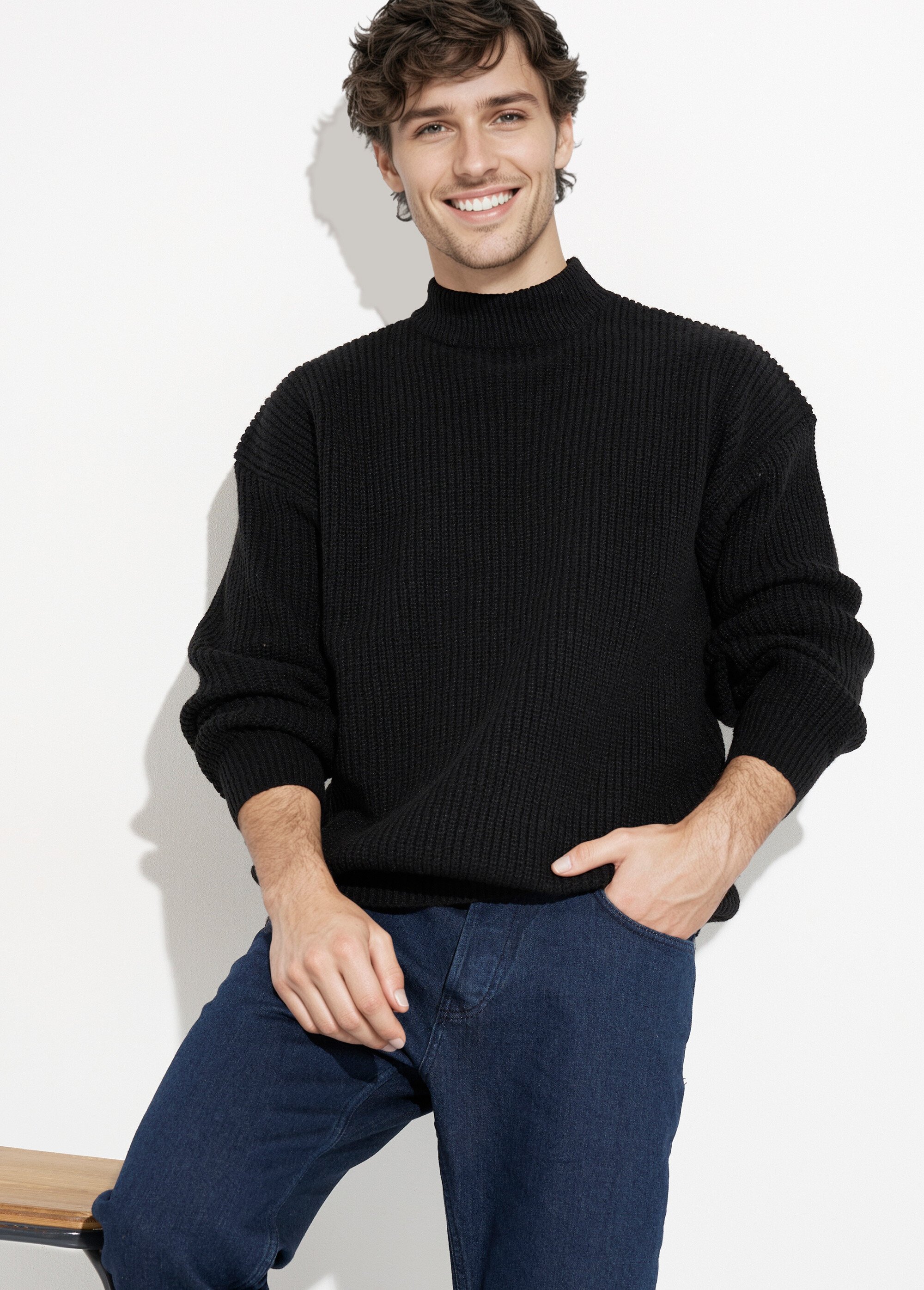 Pull épais chaud torsadé col montant Homme Noir FRICF-A5137 MV1