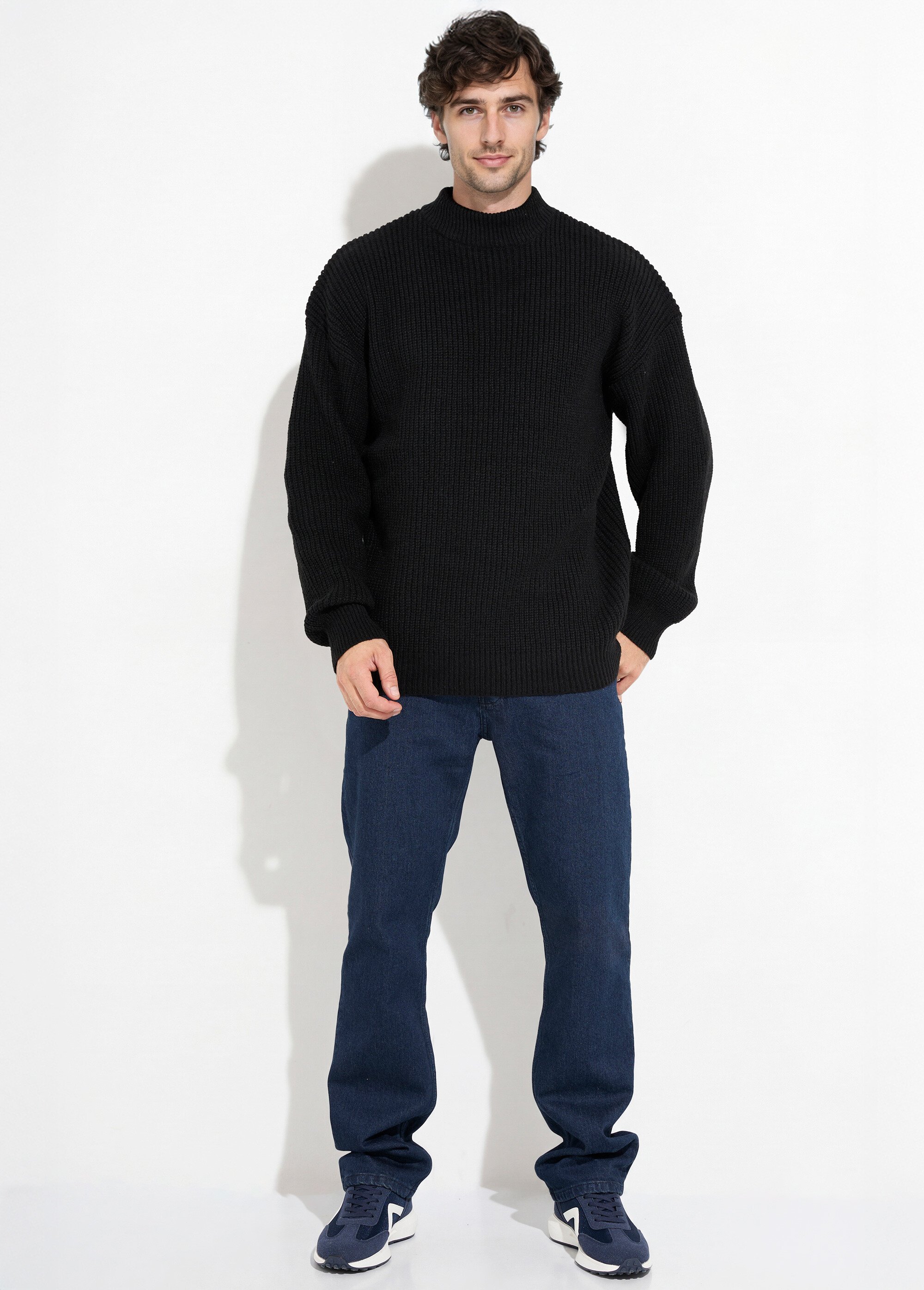 Pull épais chaud torsadé col montant Homme Noir FRICF-A5137 SF1