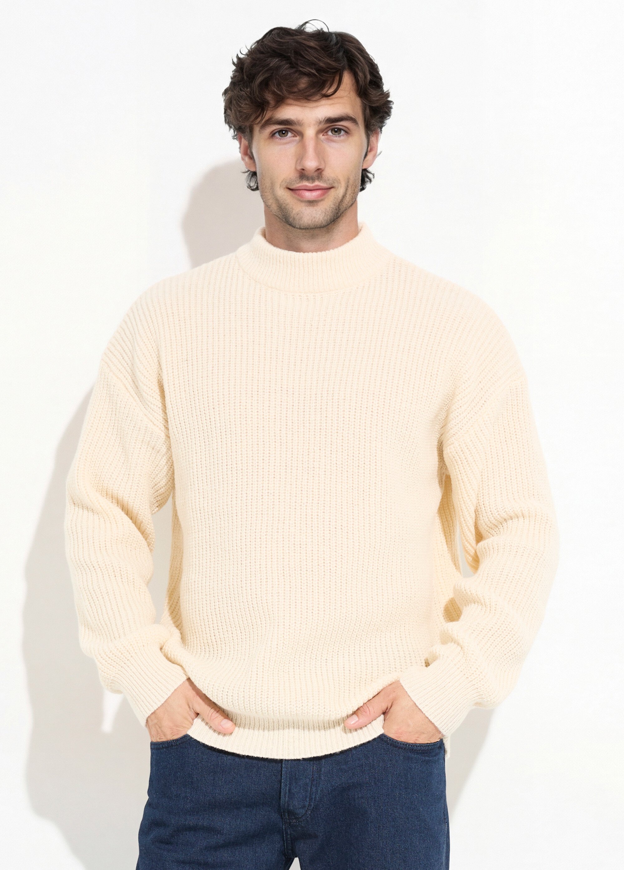 Pull épais chaud torsadé col montant Homme Beige FRICF-A5137 FA1