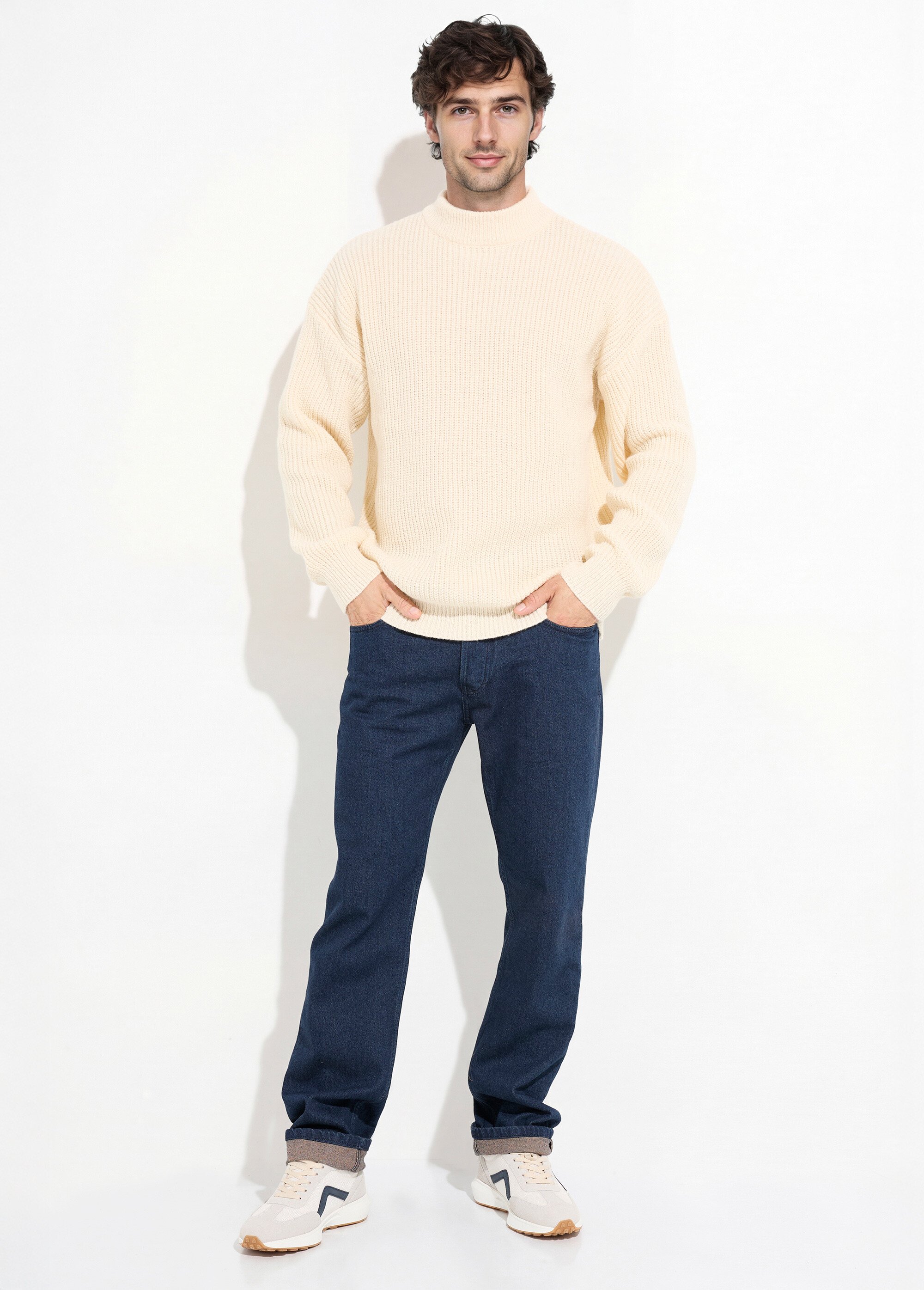 Pull épais chaud torsadé col montant Homme Beige FRICF-A5137 SF1