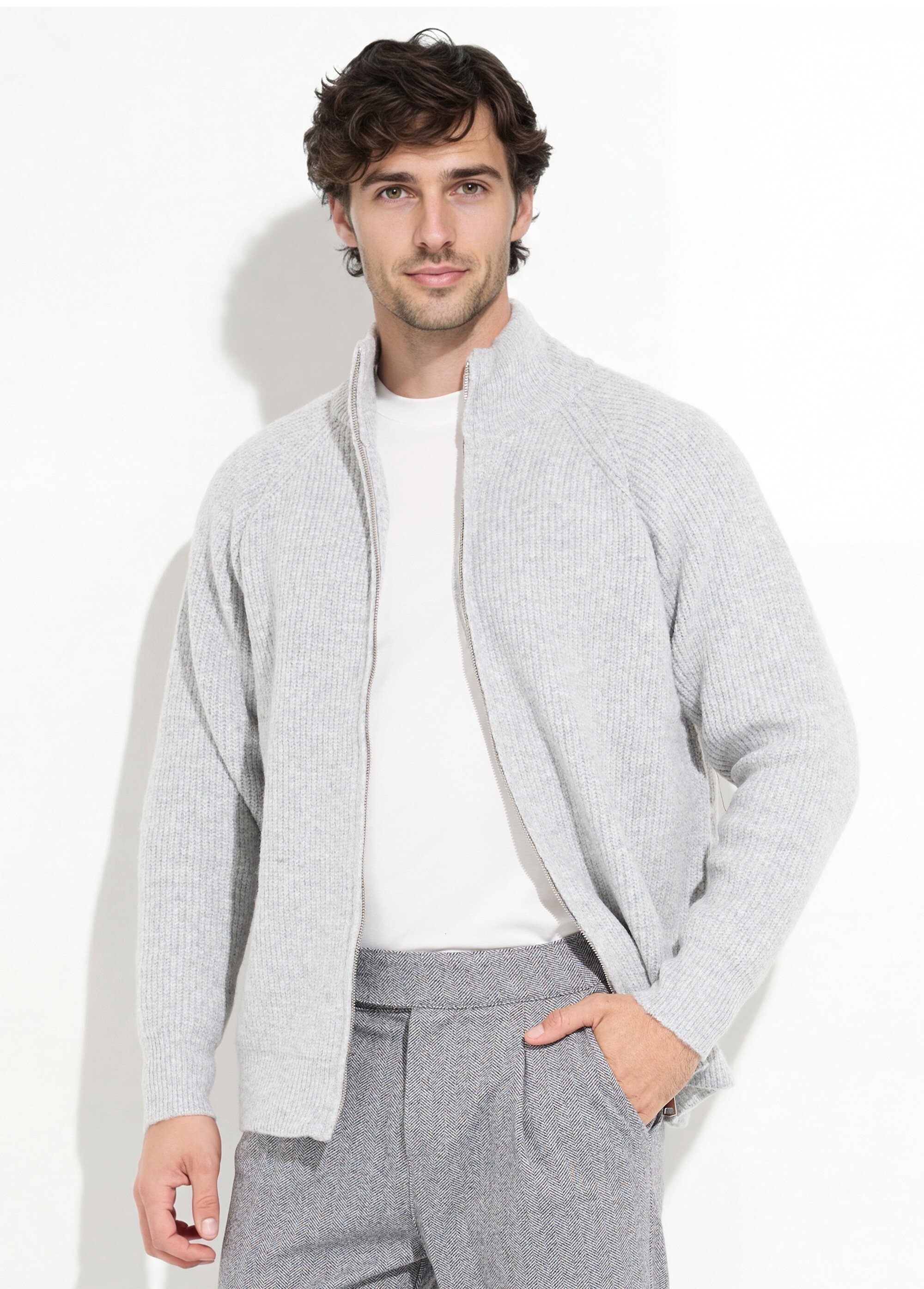 Pull zippé chaud avec laine, col montant Homme Gris FRICF6511 FA1