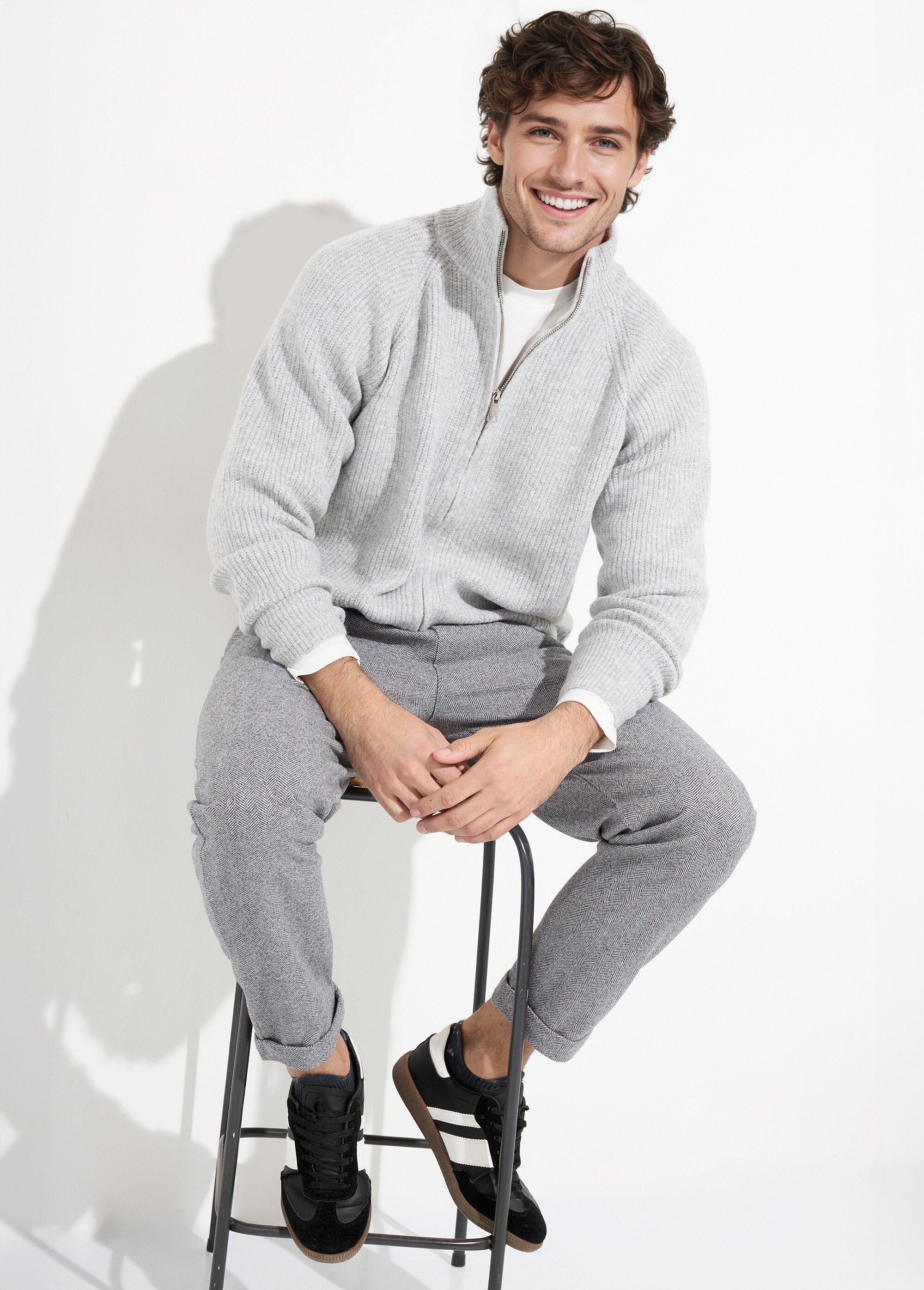 Pull zippé chaud avec laine, col montant Homme Gris FRICF6511 SI1