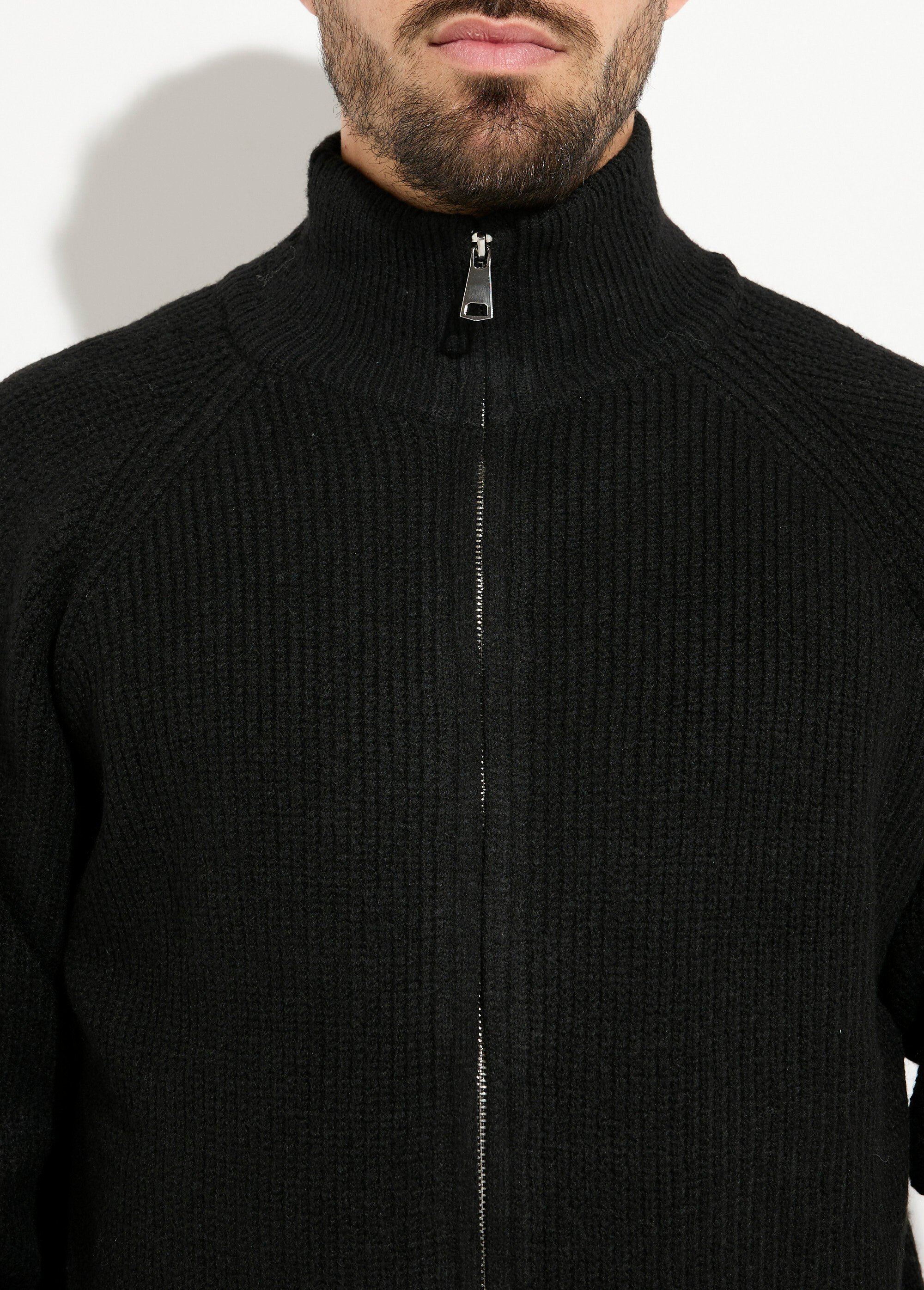 Pull zippé chaud avec laine, col montant Homme Noir FRICF6511 DE1