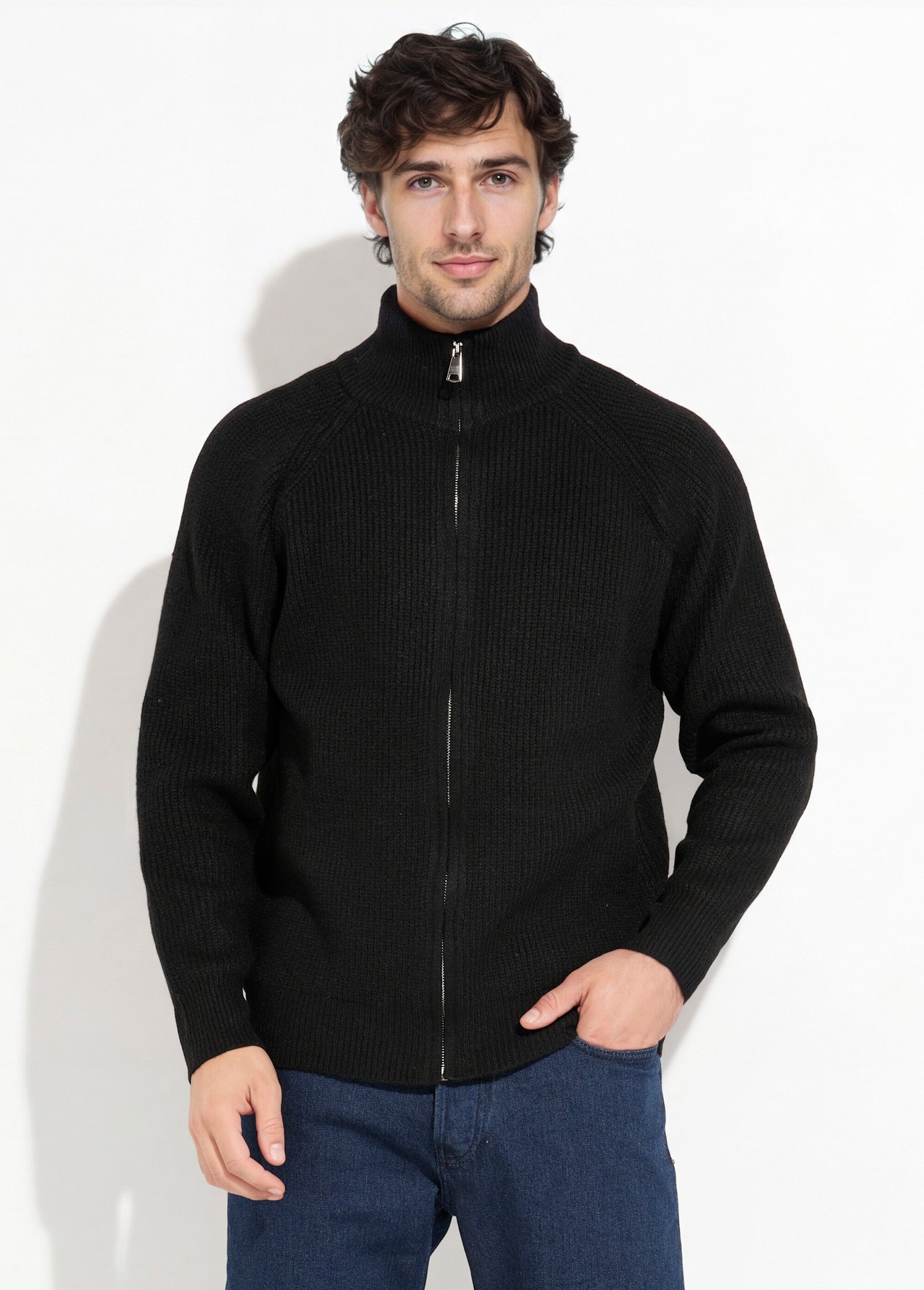 Pull zippé chaud avec laine, col montant Homme Noir FRICF6511 FA1