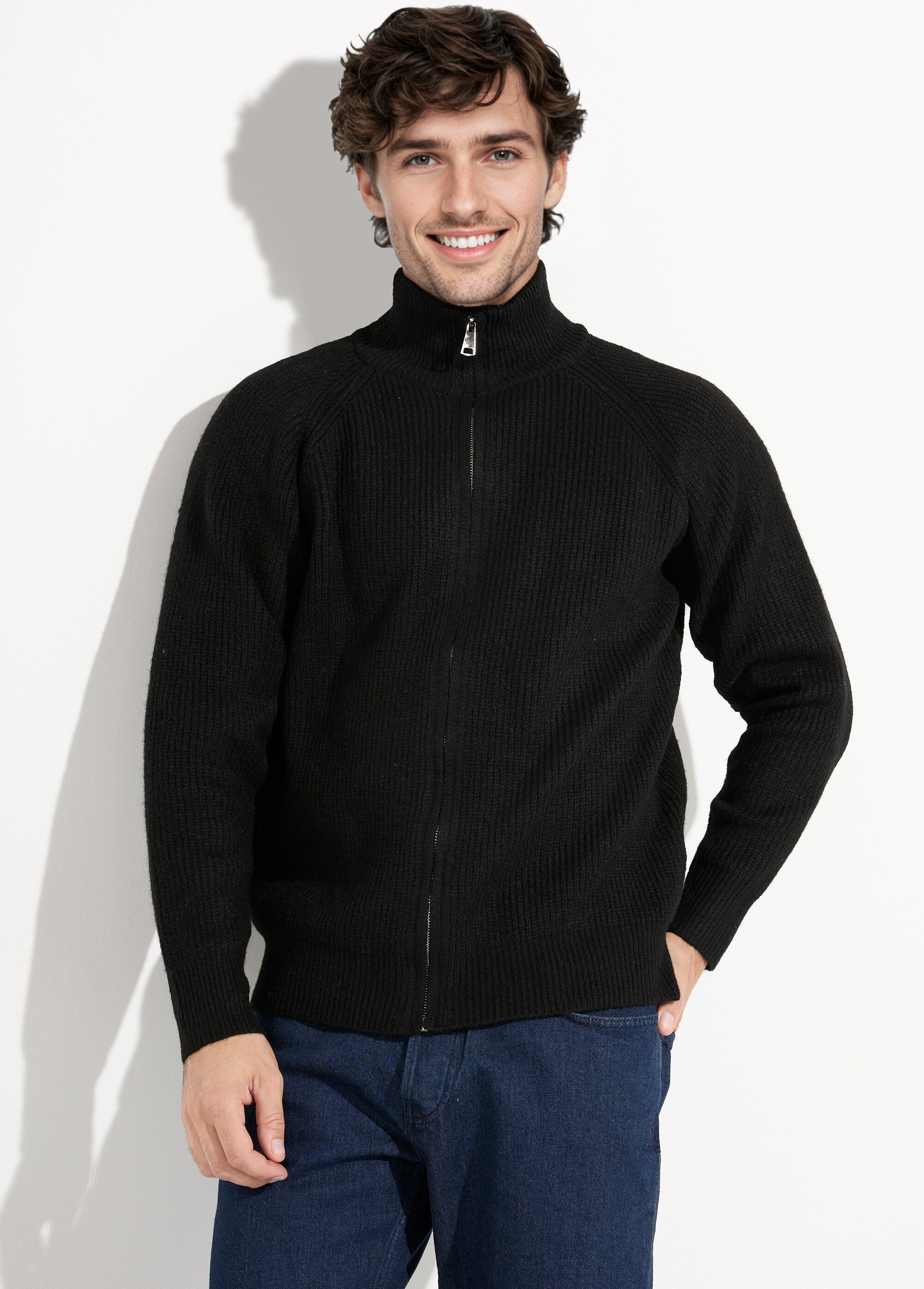 Pull zippé chaud avec laine, col montant Homme Noir FRICF6511 MV1