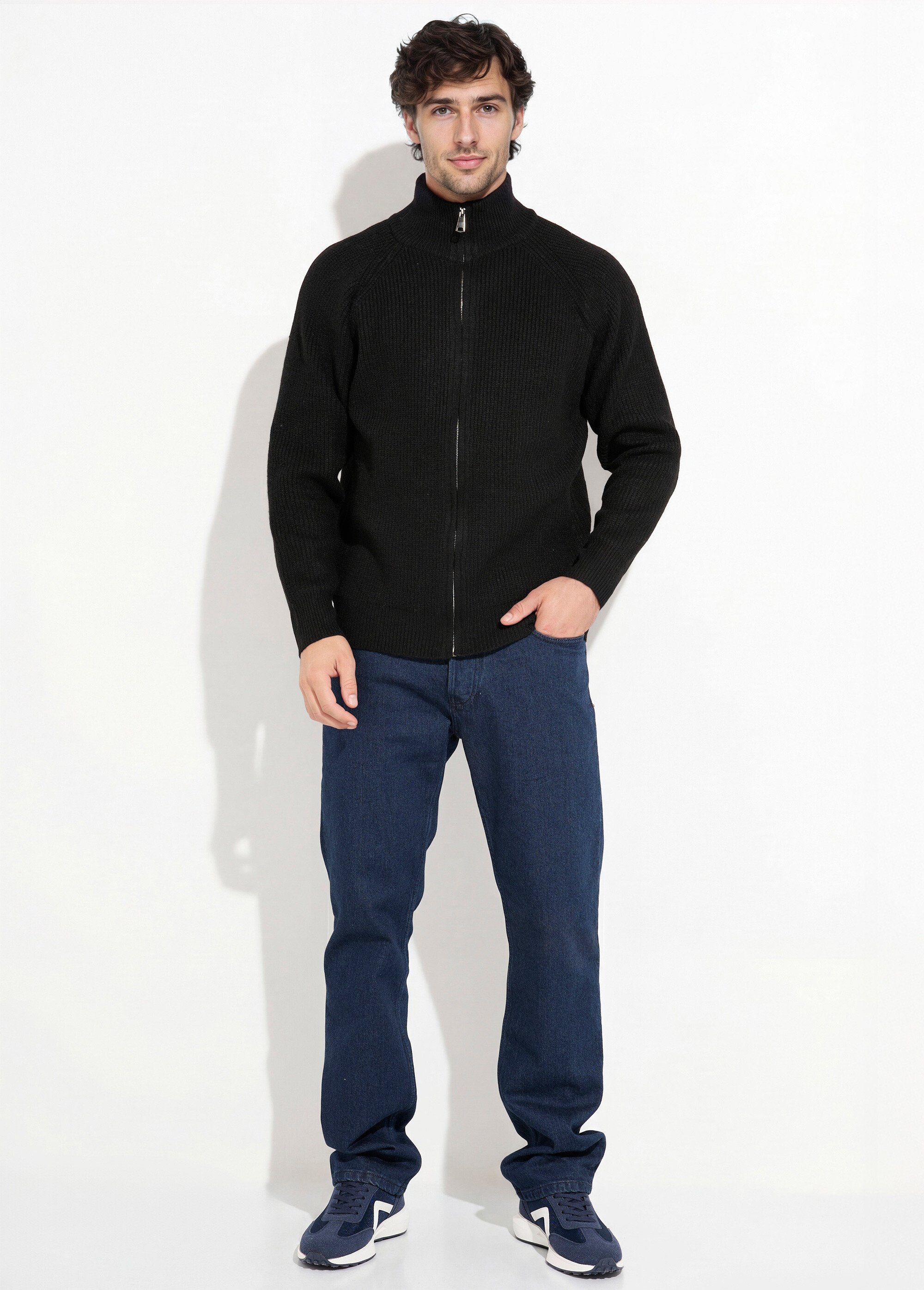 Pull zippé chaud avec laine, col montant Homme Noir FRICF6511 SF1