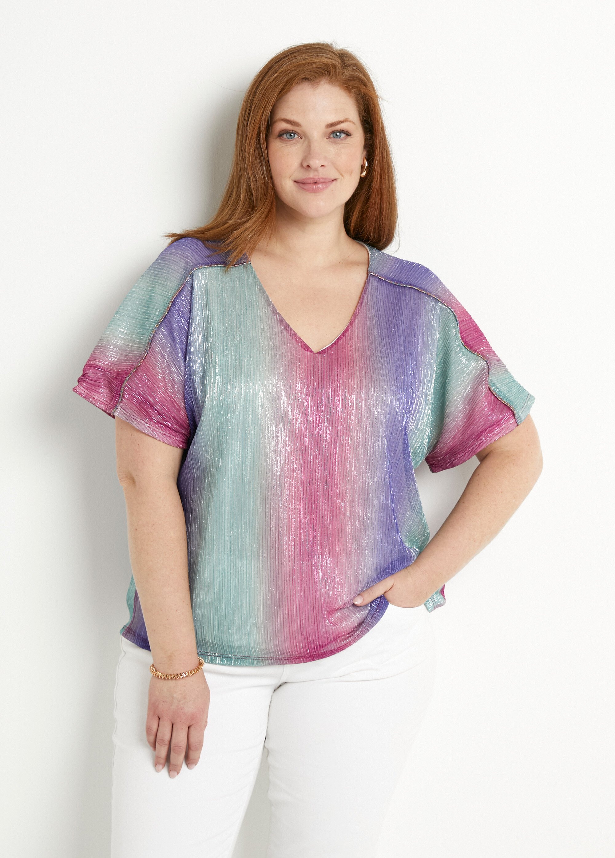 T-shirt court brillant col V effet plissé
