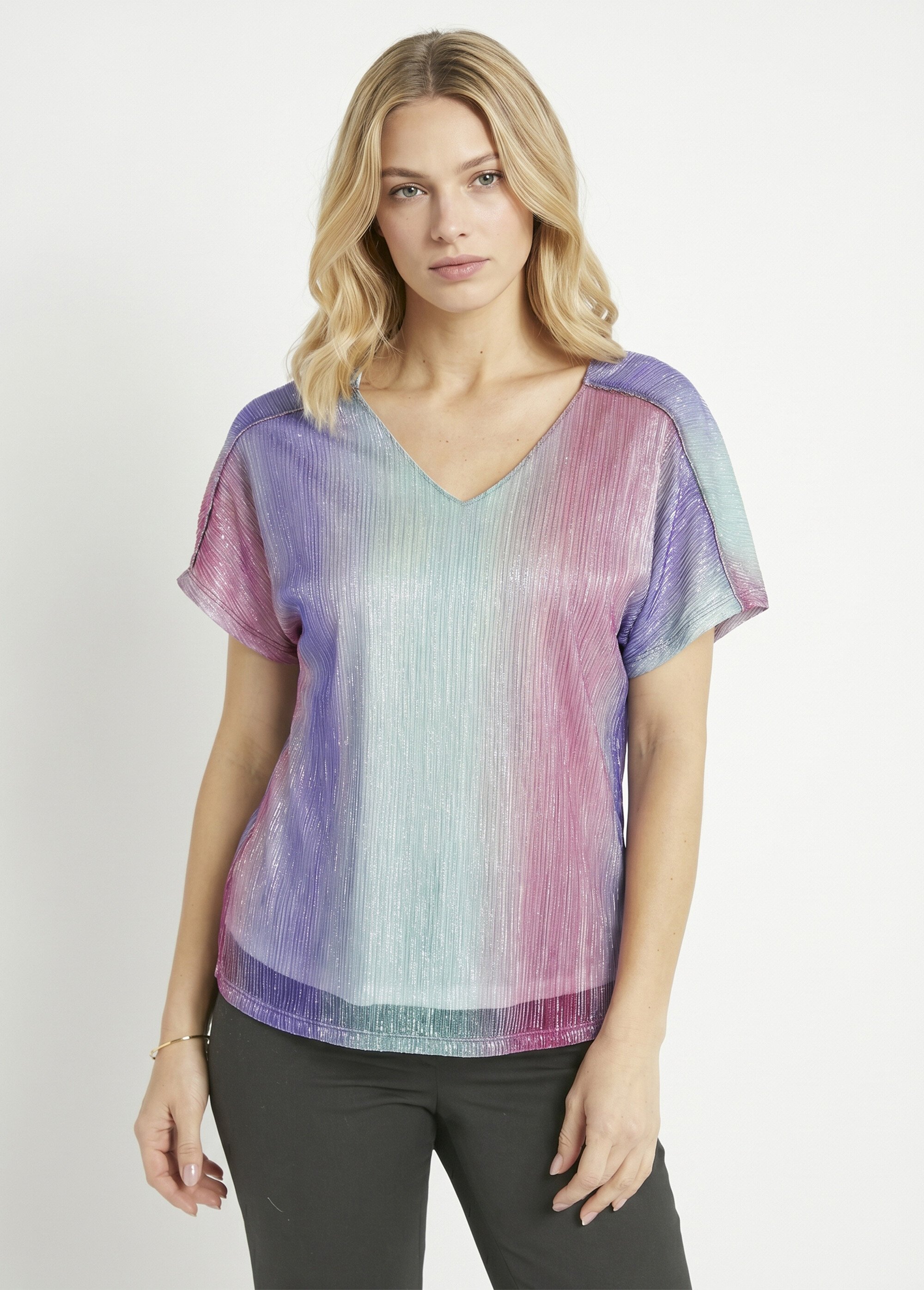 T-shirt court brillant col V effet plissé Femme Rose CAMILO FA1