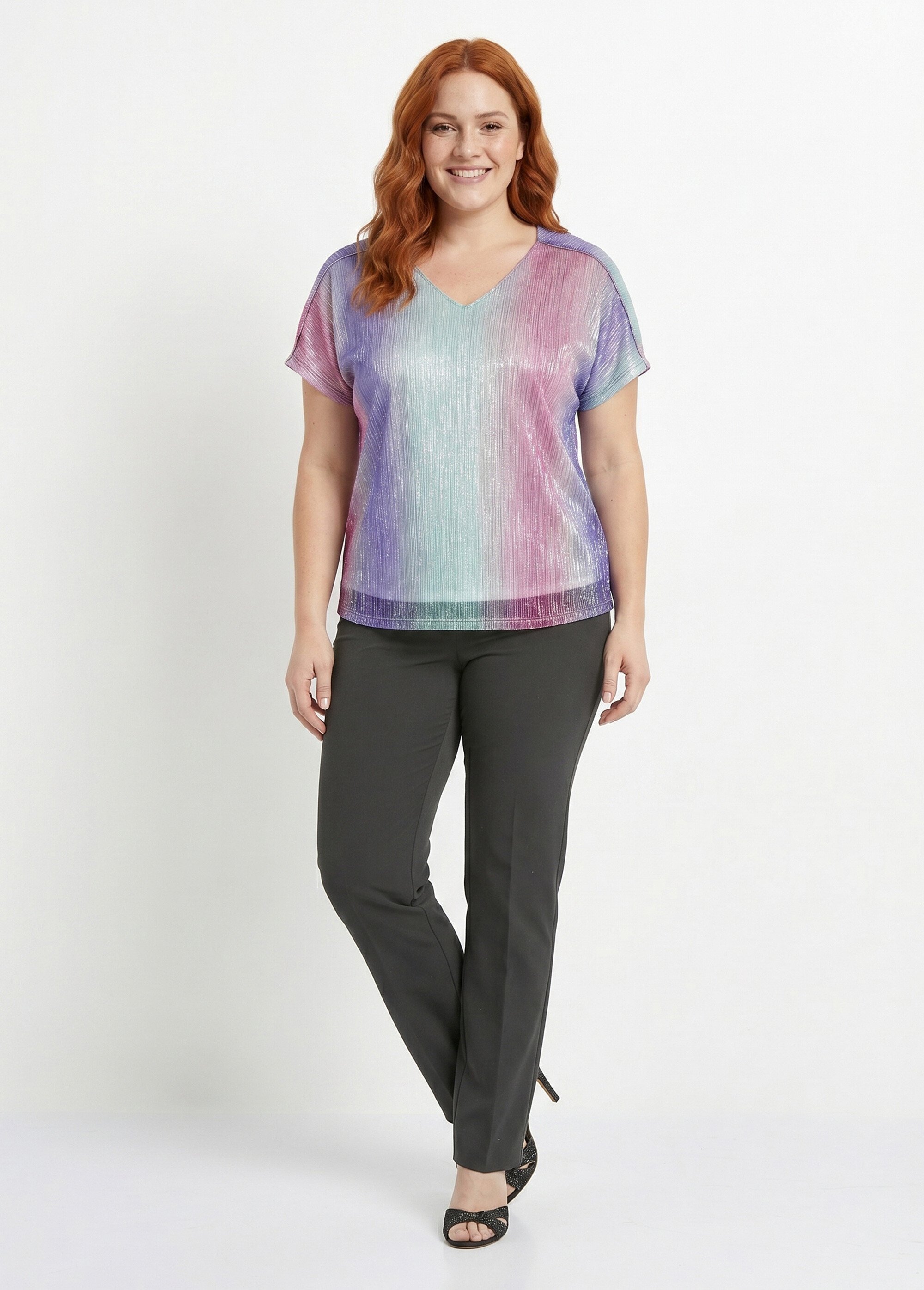 T-shirt court brillant col V effet plissé Femme Grande Taille Rose CAMILO SI1