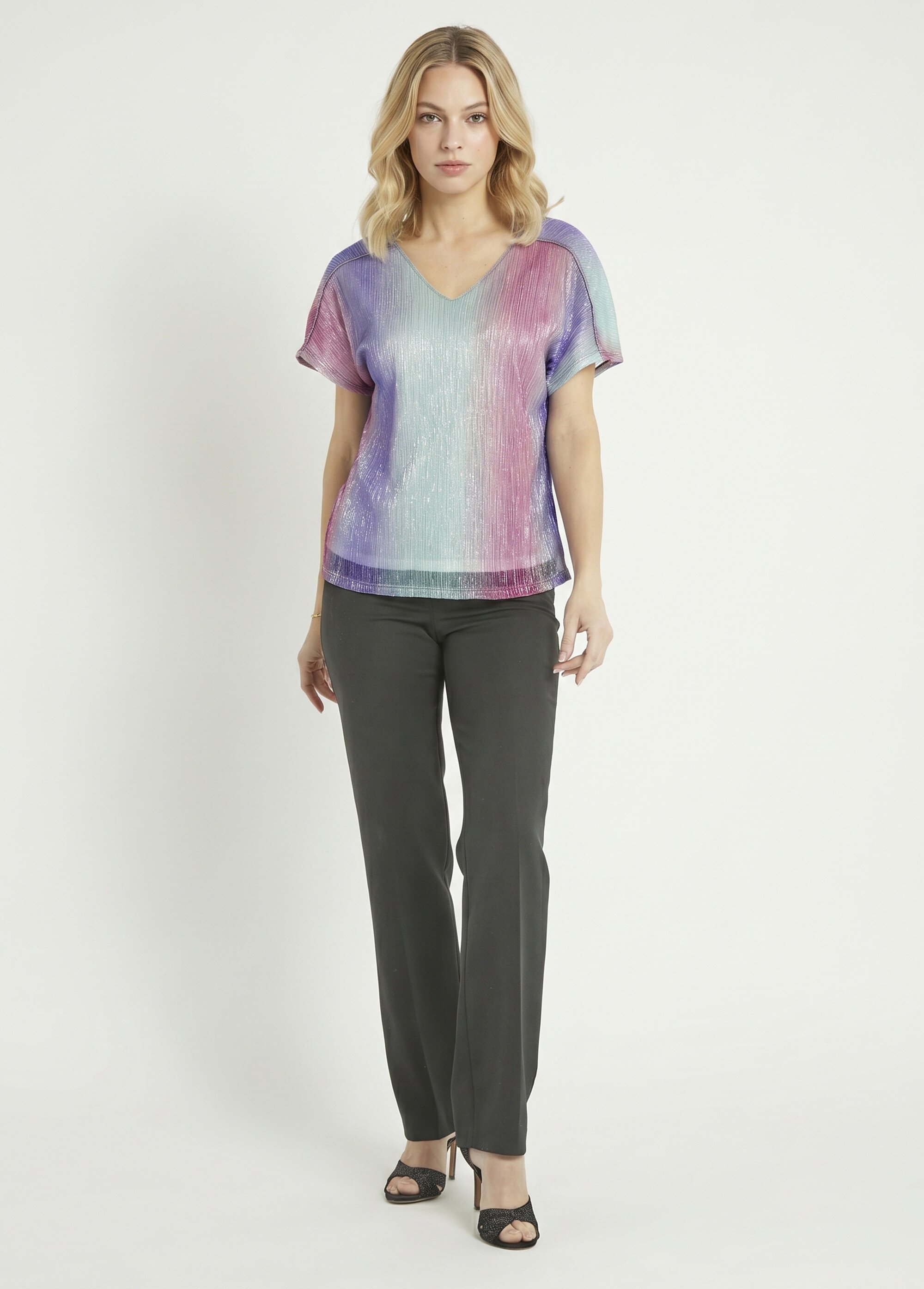 T-shirt court brillant col V effet plissé Femme Rose CAMILO SI1