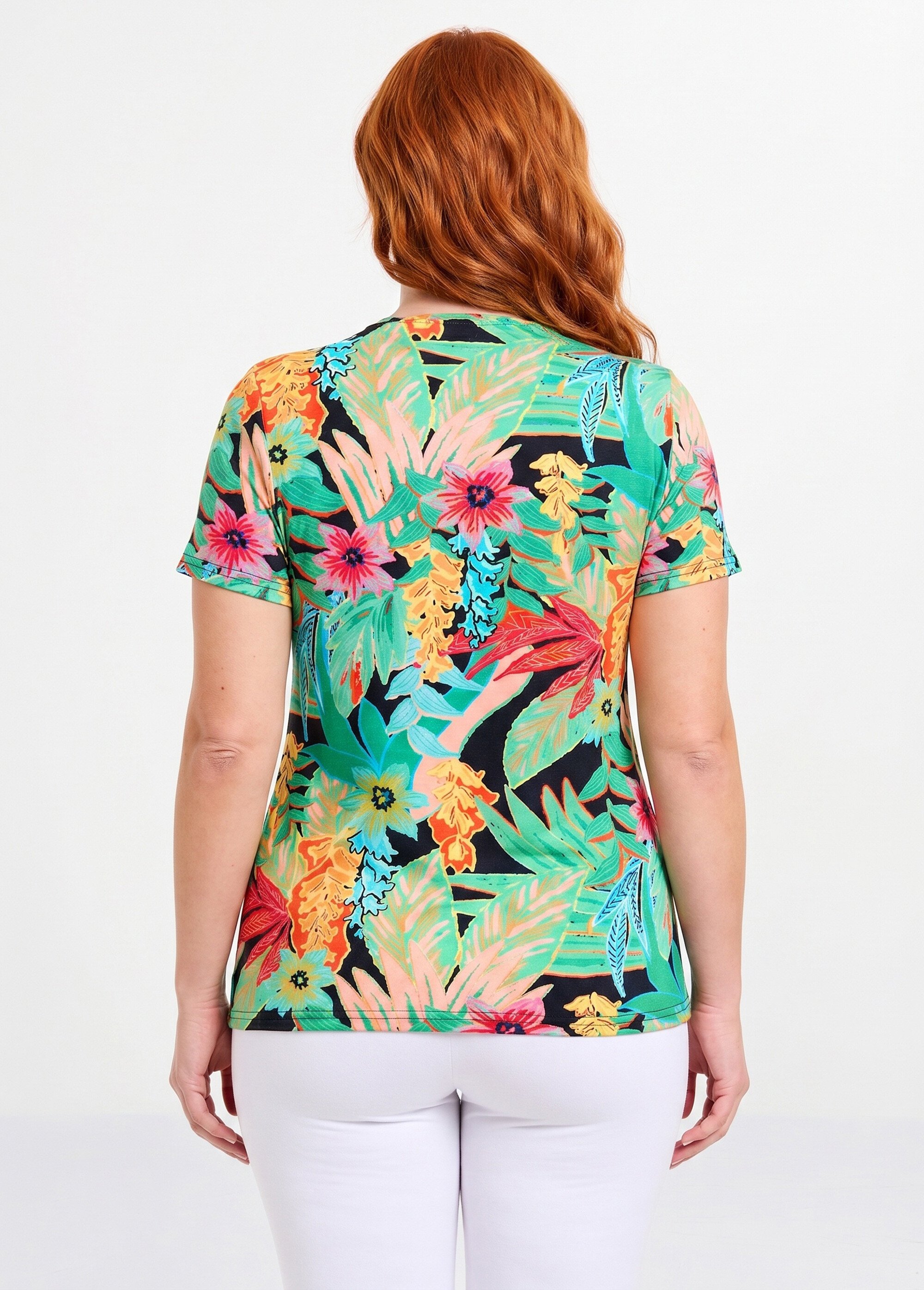 T-shirt long col rond imprimé exotique manches courtes