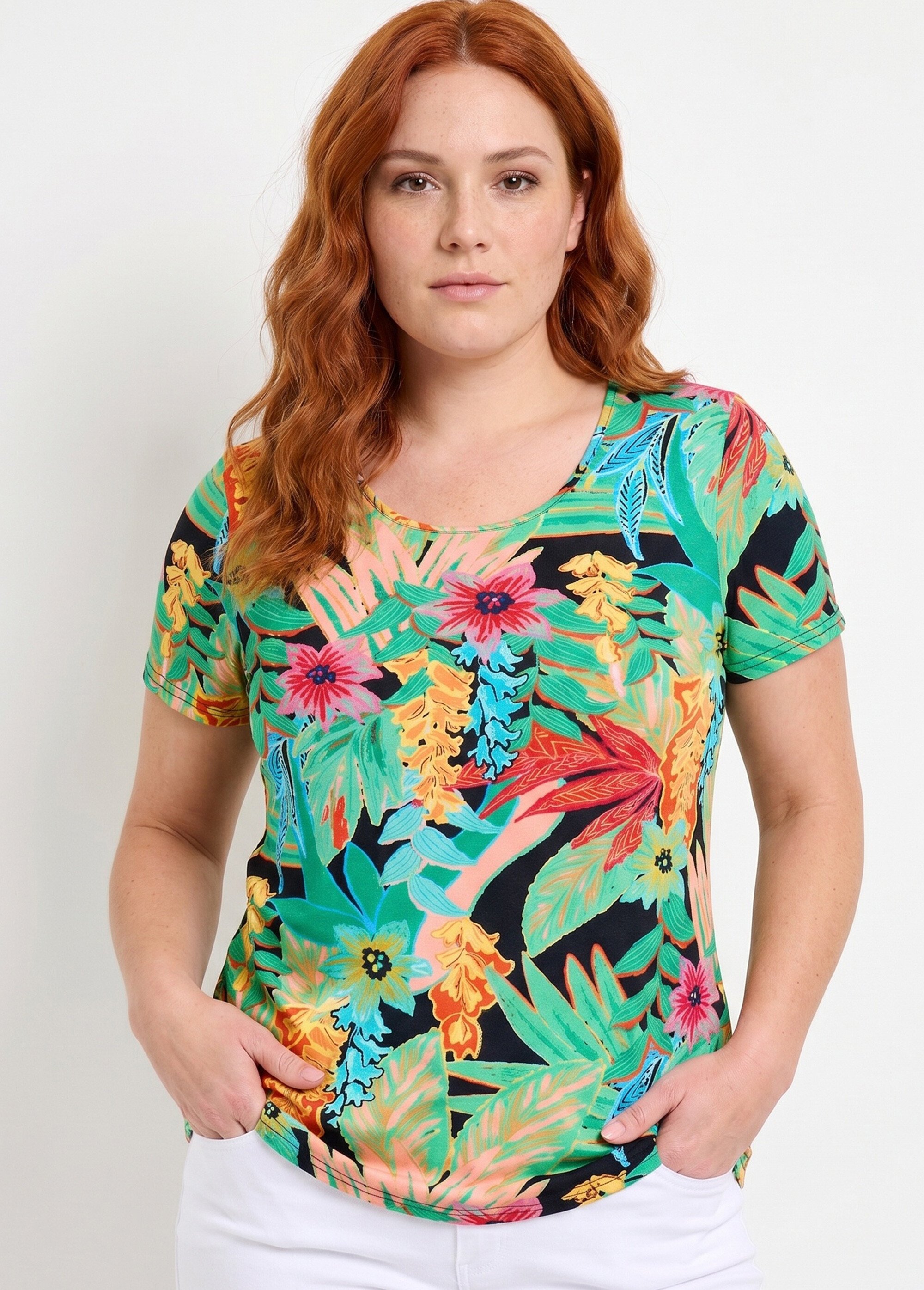 T-shirt long col rond imprimé exotique manches courtes
