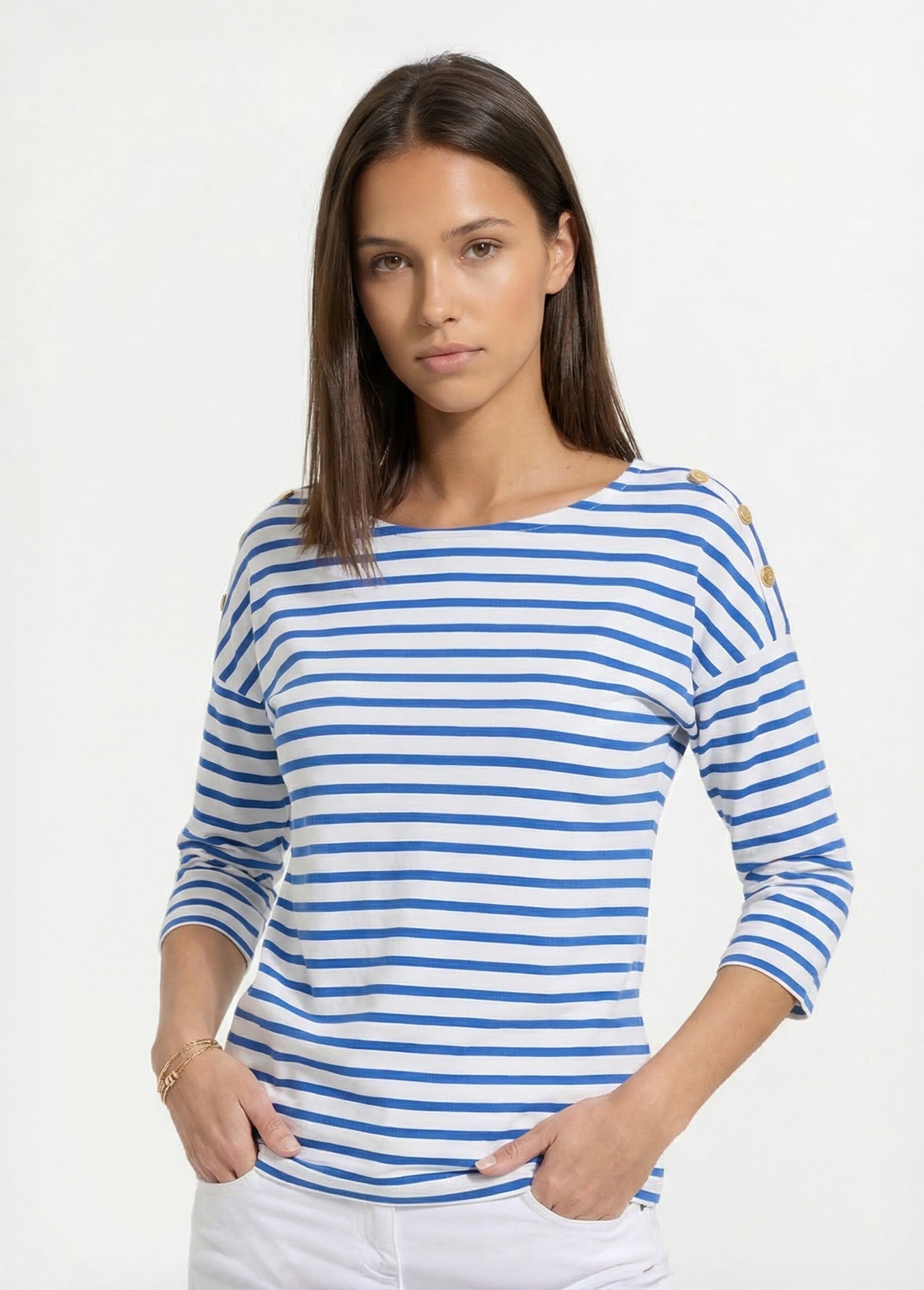 T-shirt marinière rayé court manches longues Femme Blanc CELIAN FA1