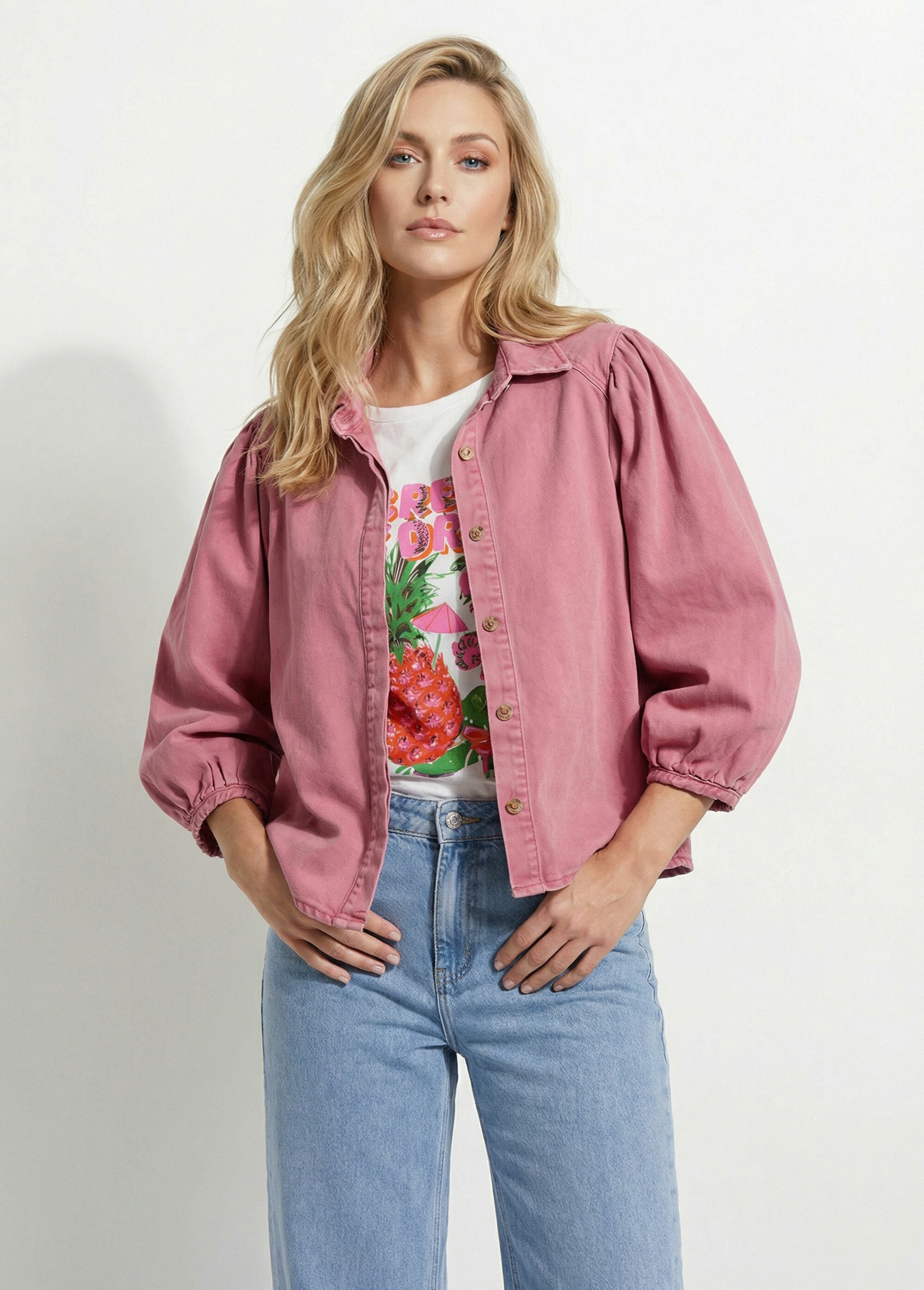 Chemise denim used, manches bouffantes Femme Rose JS-JS-1165 FA1