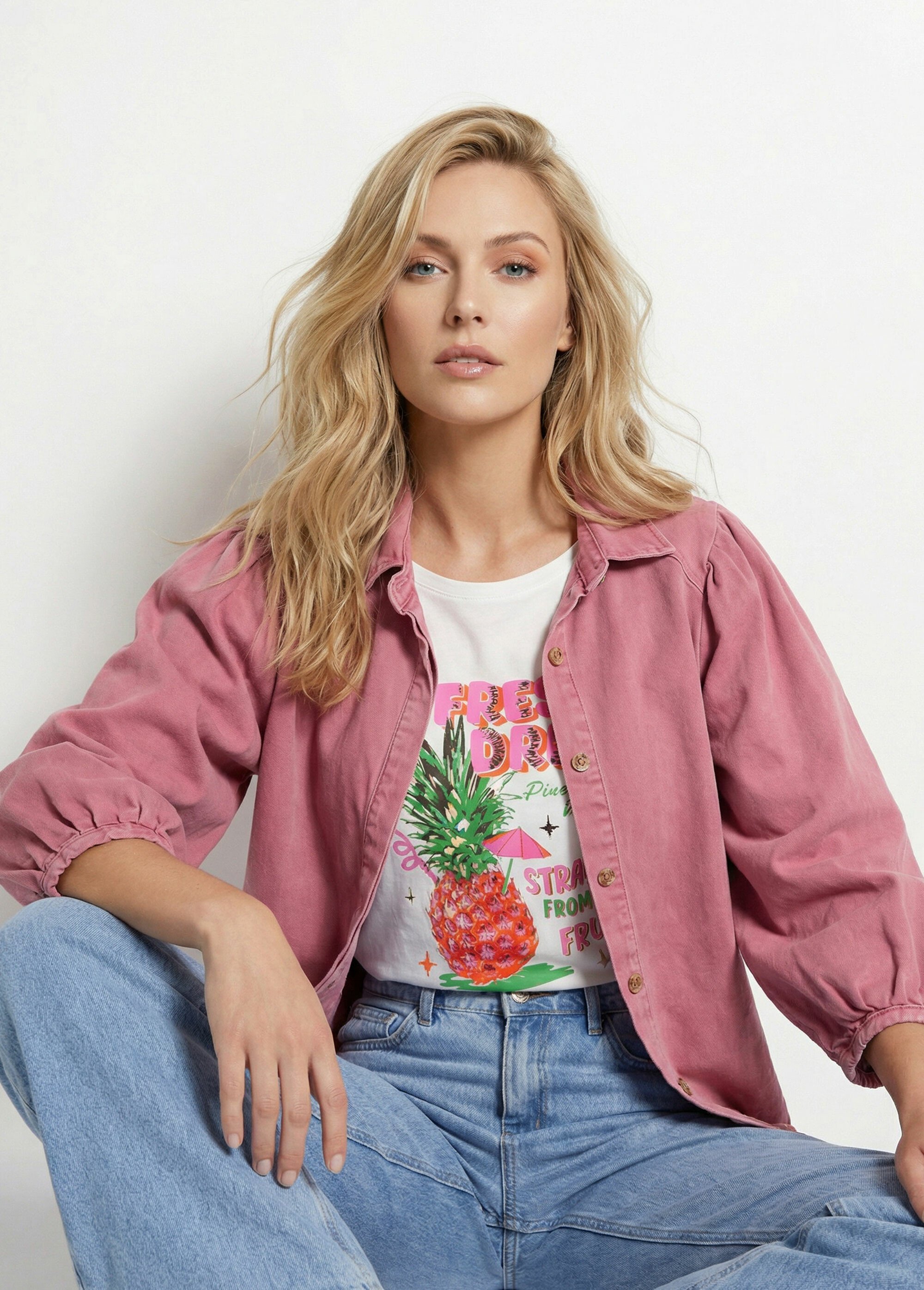 Chemise denim used, manches bouffantes Femme Rose JS-JS-1165 MV1