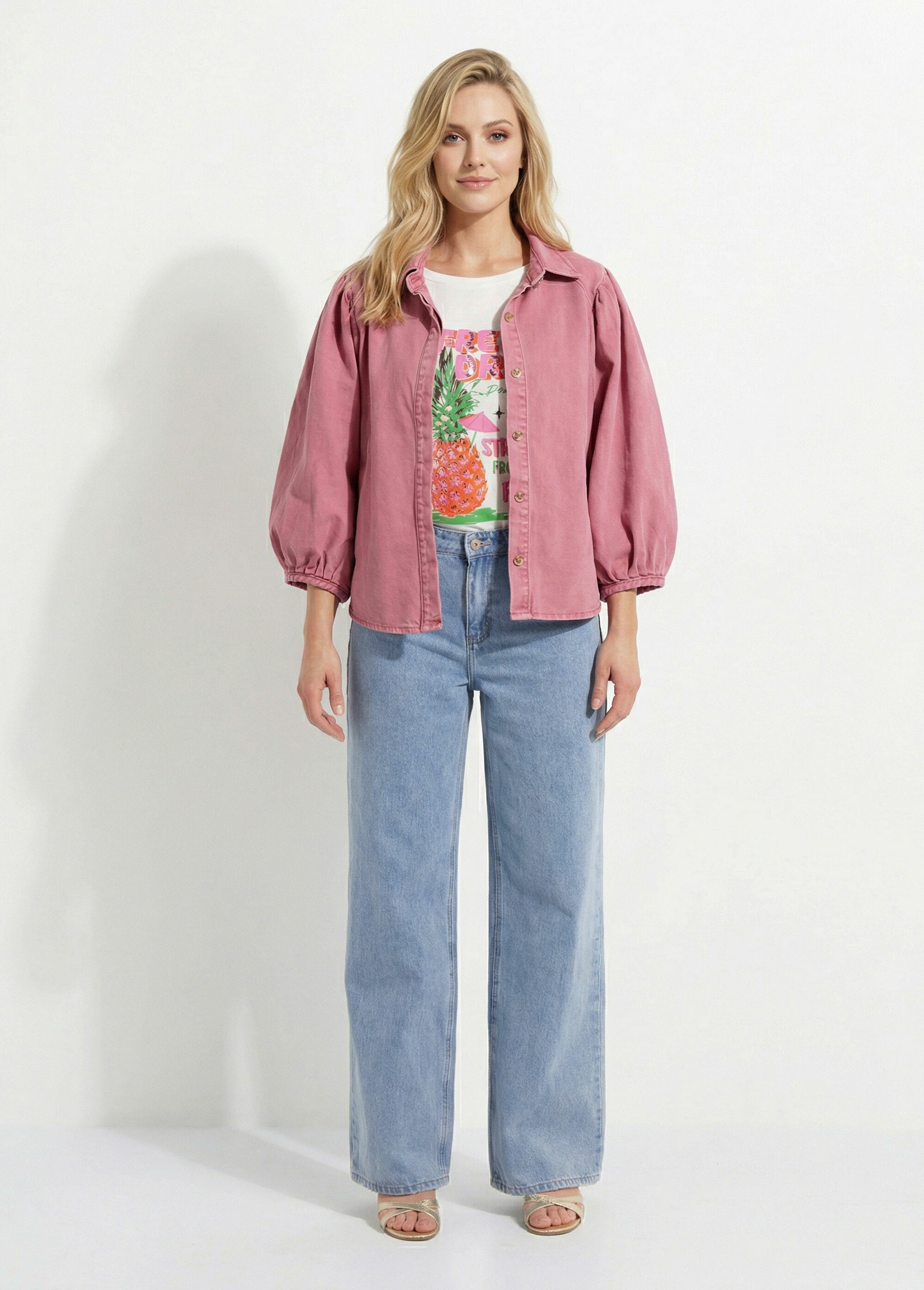 Chemise denim used, manches bouffantes Femme Rose JS-JS-1165 SF1