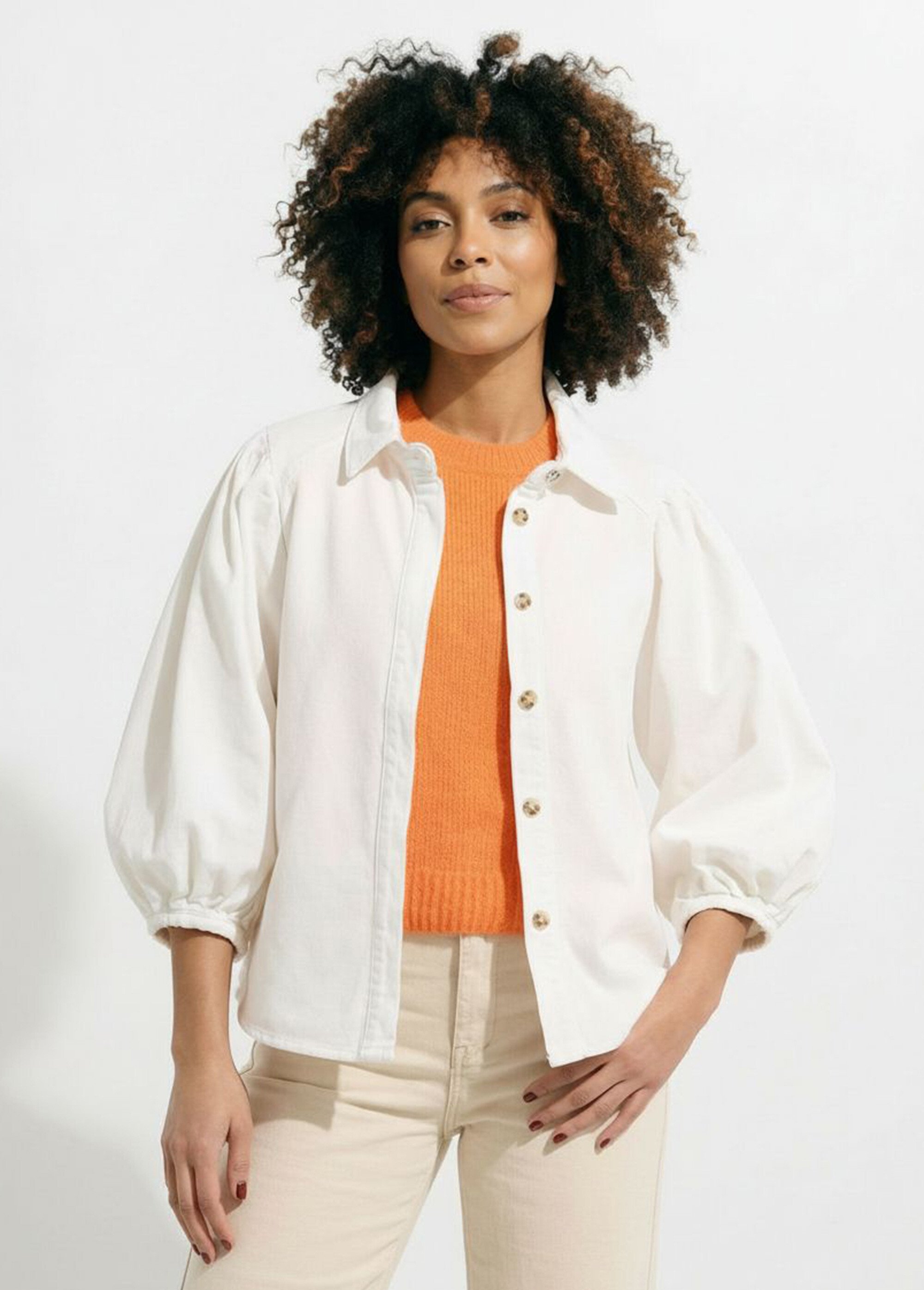 Chemise denim used, manches bouffantes Femme Blanc JS-JS-1165 FA1