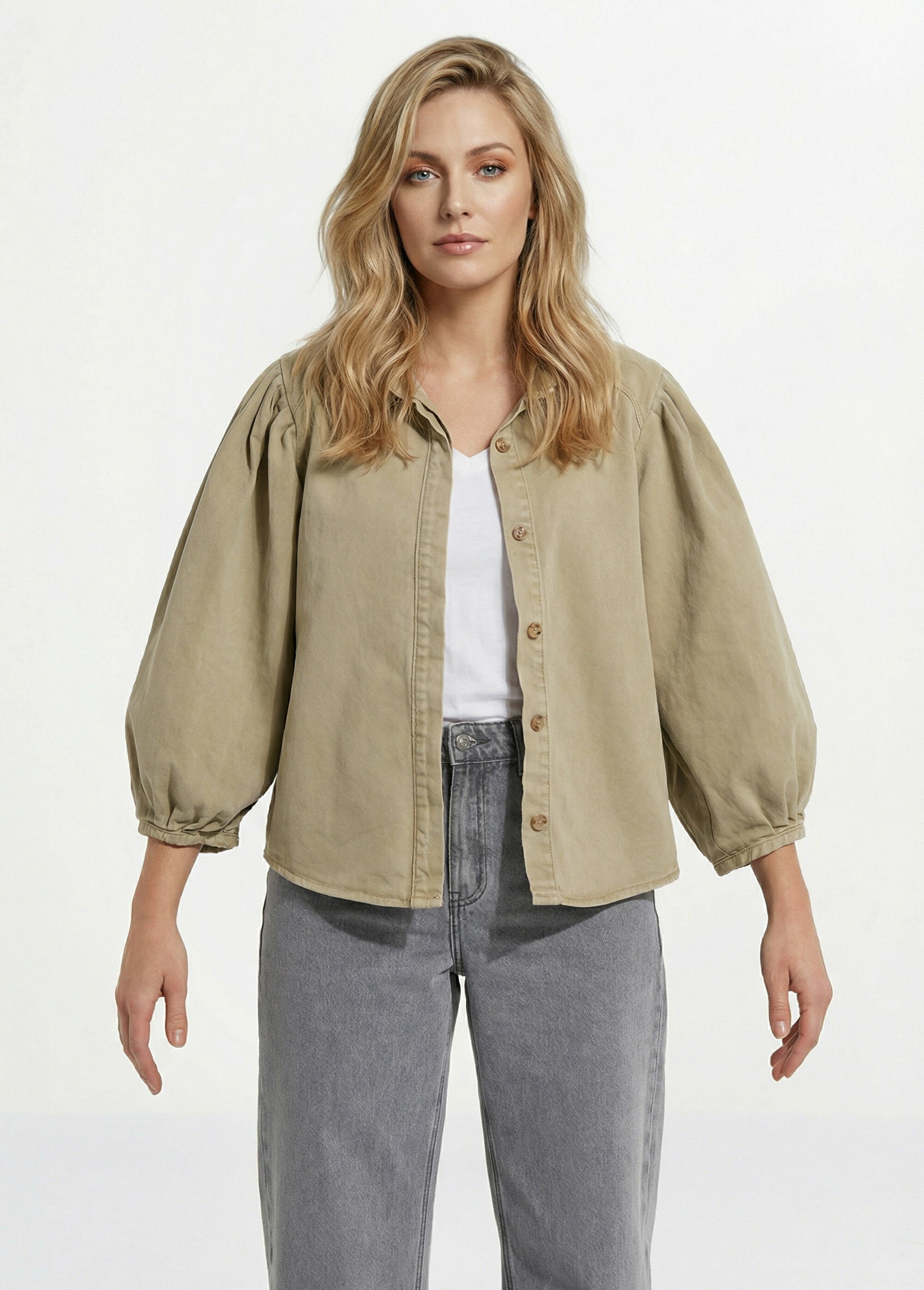 Chemise denim used, manches bouffantes Femme Vert JS-JS-1165 FA1