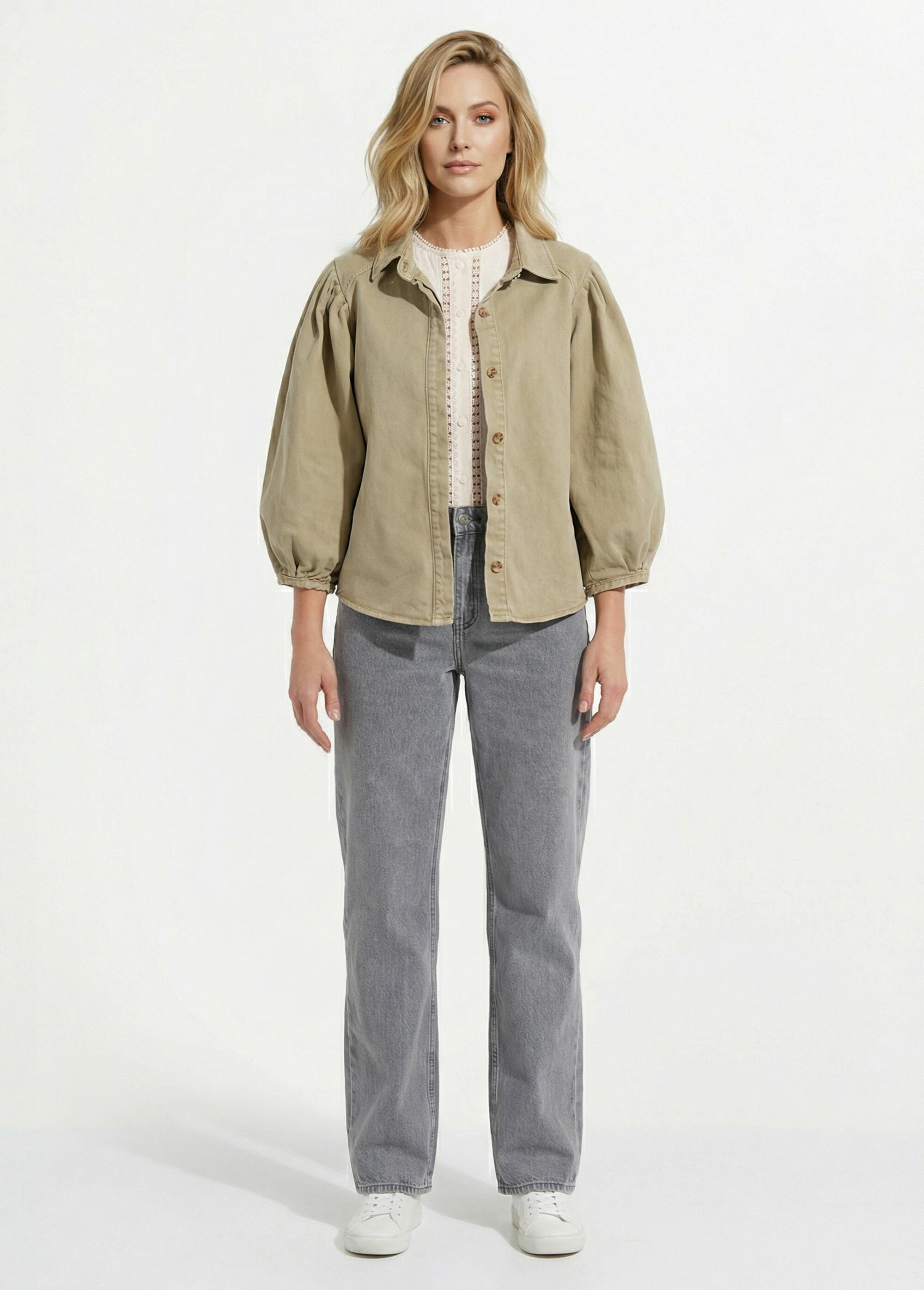 Chemise denim used, manches bouffantes Femme Vert JS-JS-1165 SF1