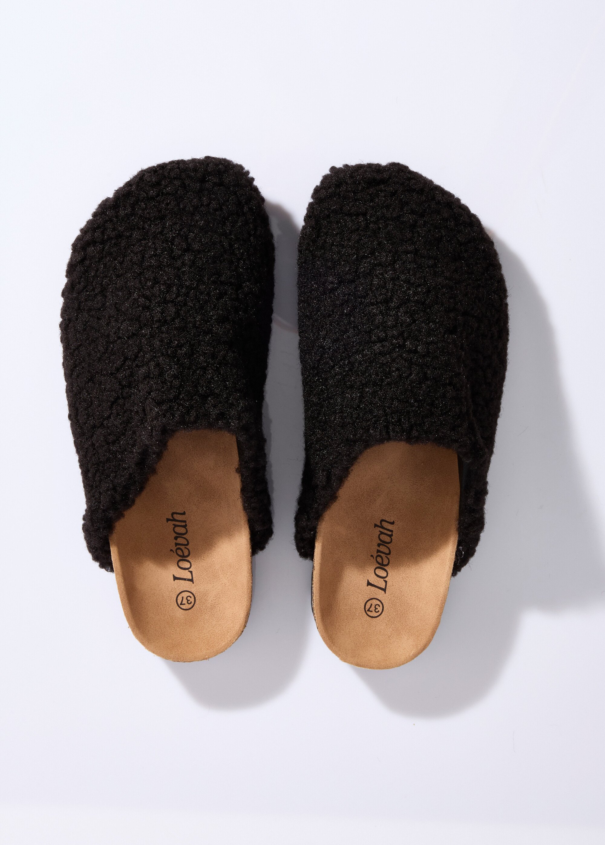 Mules en fourrure façon laine bouclée Femme Noir LBS-BDL9208 OV1