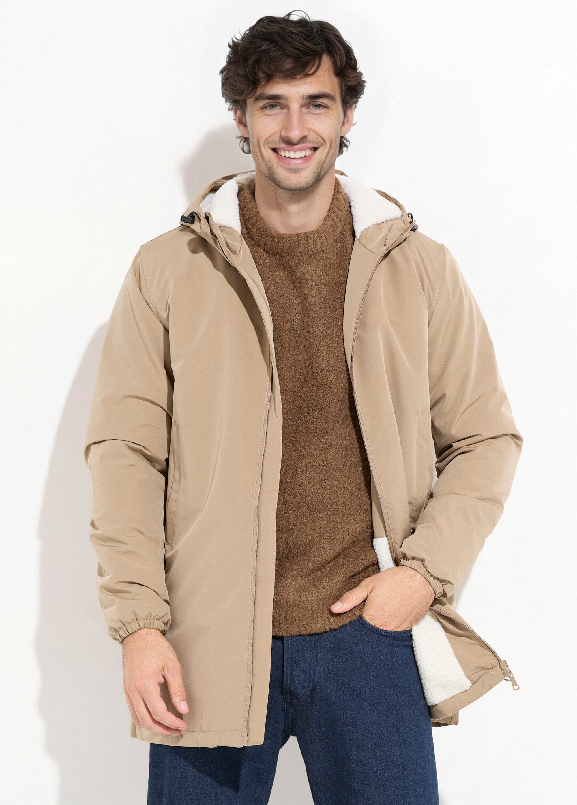 Parka longue fourrée avec capuche Homme Beige FRIFD83D31 FA1