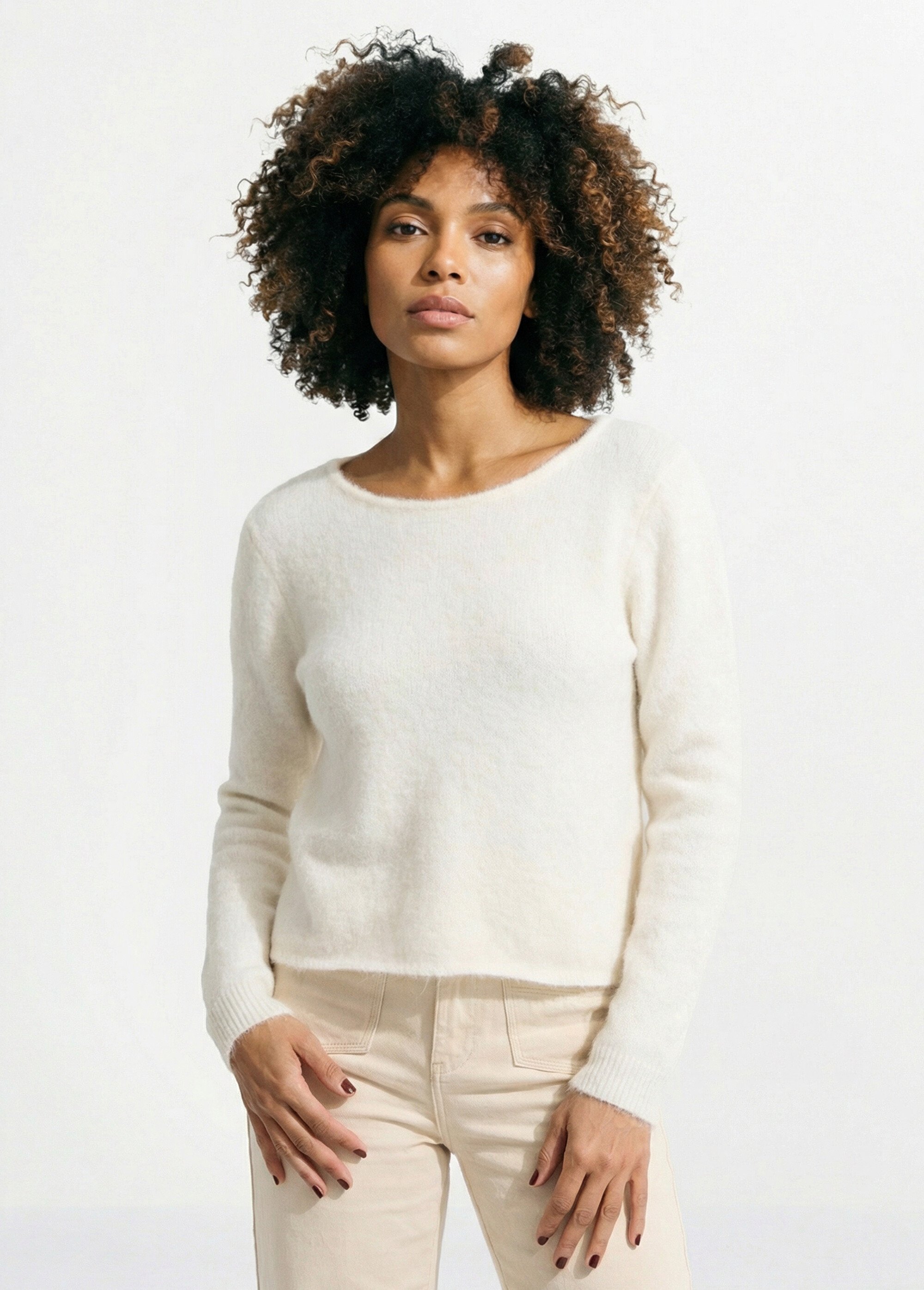 Pull avec laine et détail dentelle dos Femme Beige IKB-1710 FA1