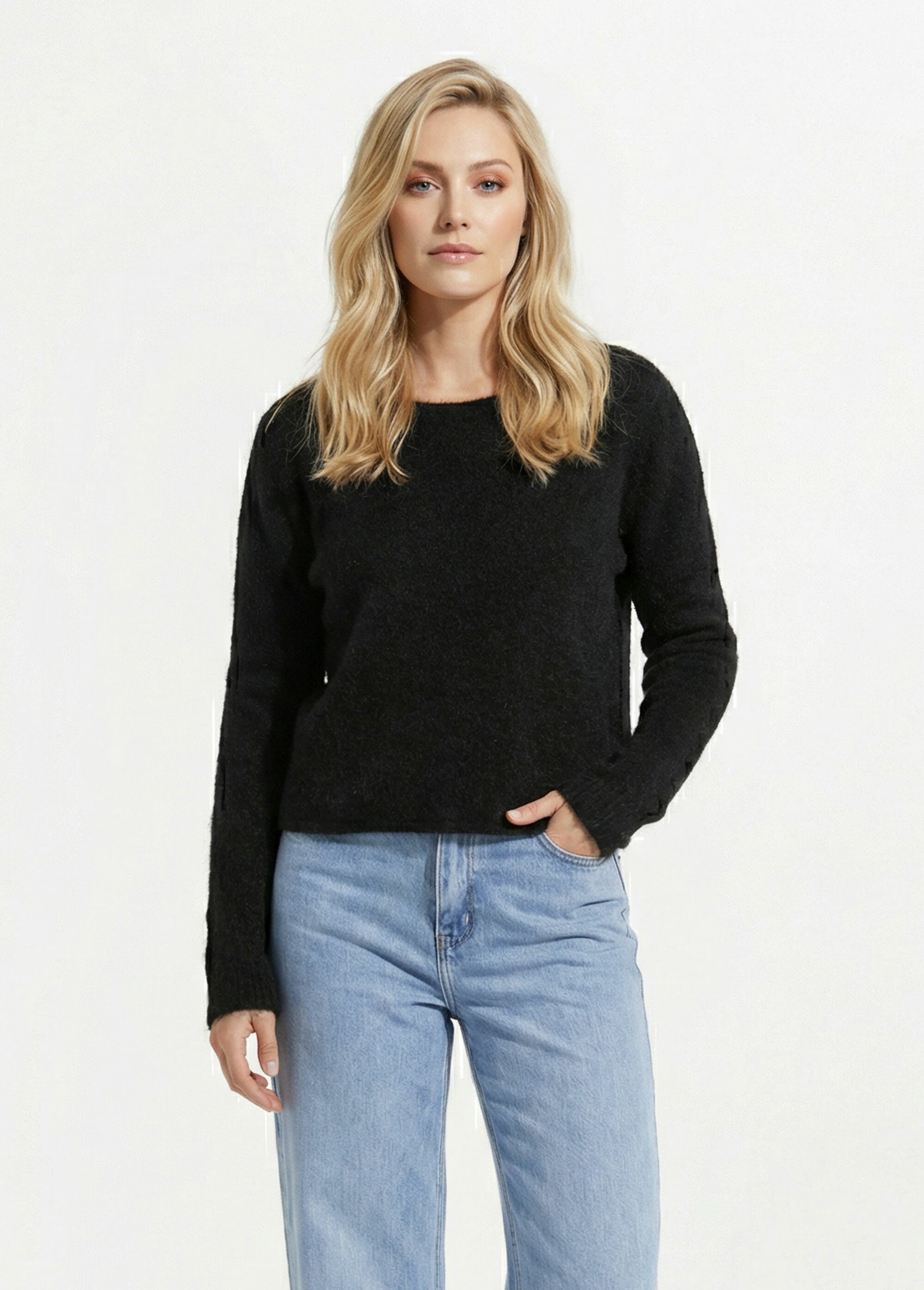 Pull avec laine et détail dentelle dos Femme Noir IKB-1710 FA1