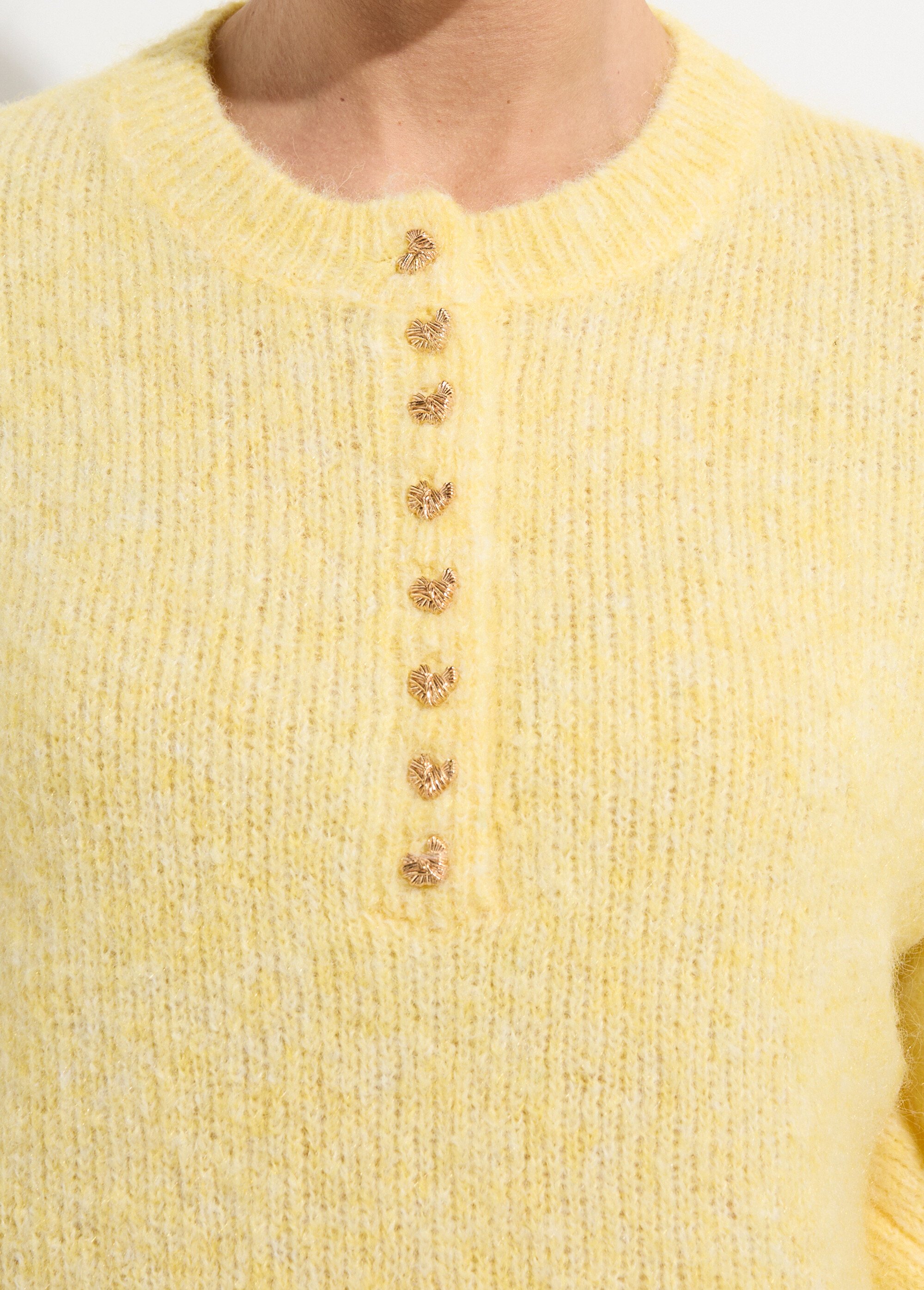 Pull avec laine et petits boutons métal Femme Jaune IKB-1632 DE1