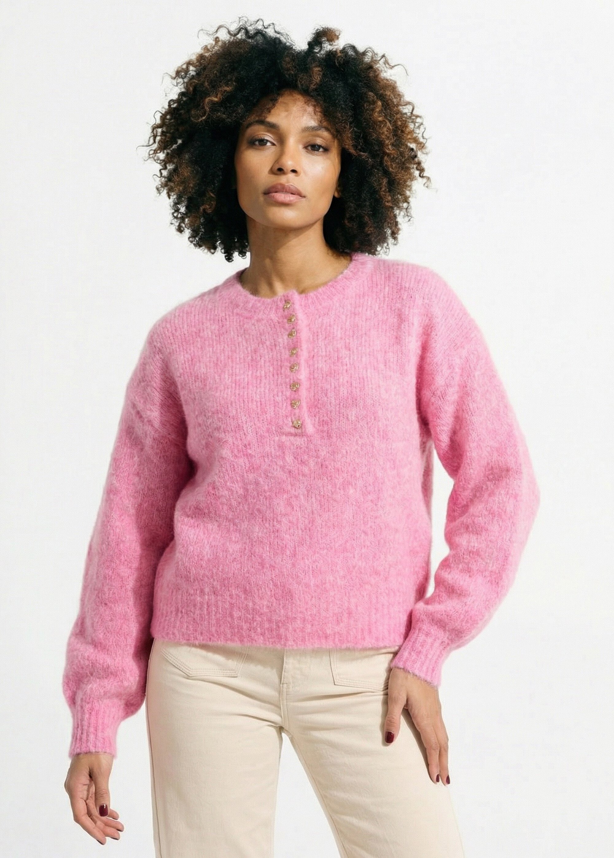 Pull avec laine et petits boutons métal Femme Rose IKB-1632 FA1