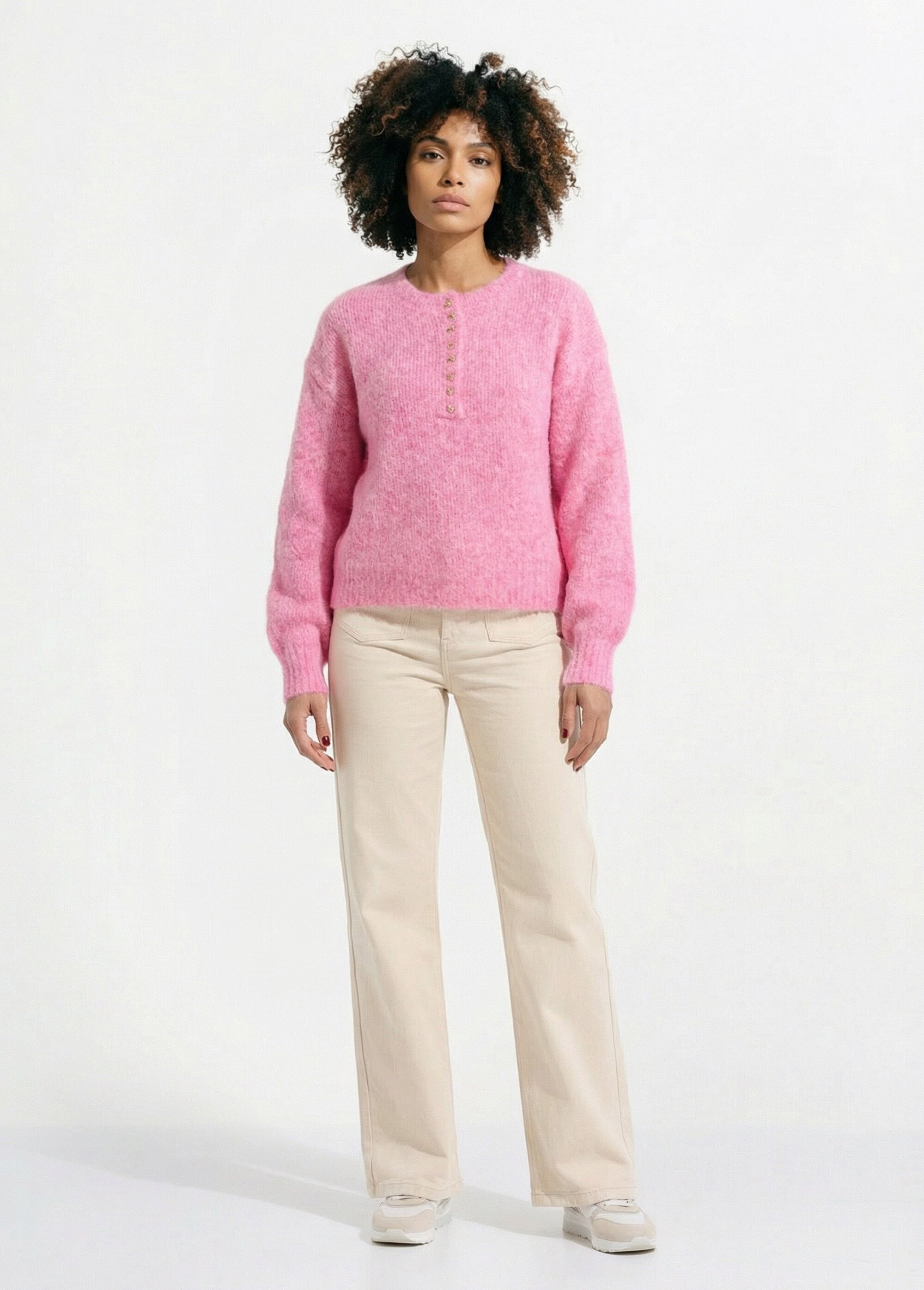Pull avec laine et petits boutons métal Femme Rose IKB-1632 SF1