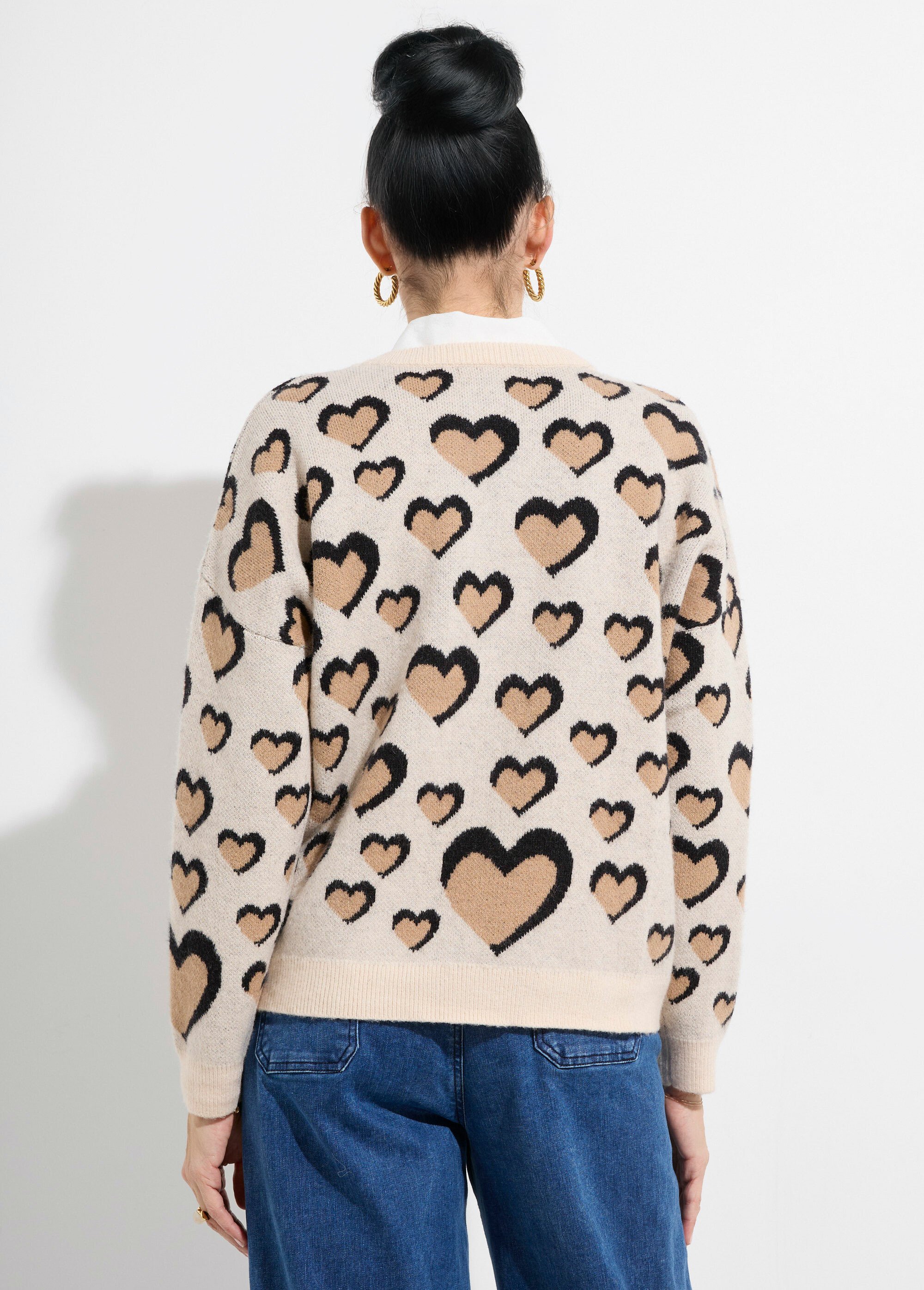 Pull col rond épais en laine avec coeurs Femme Beige KA-5688 DO1