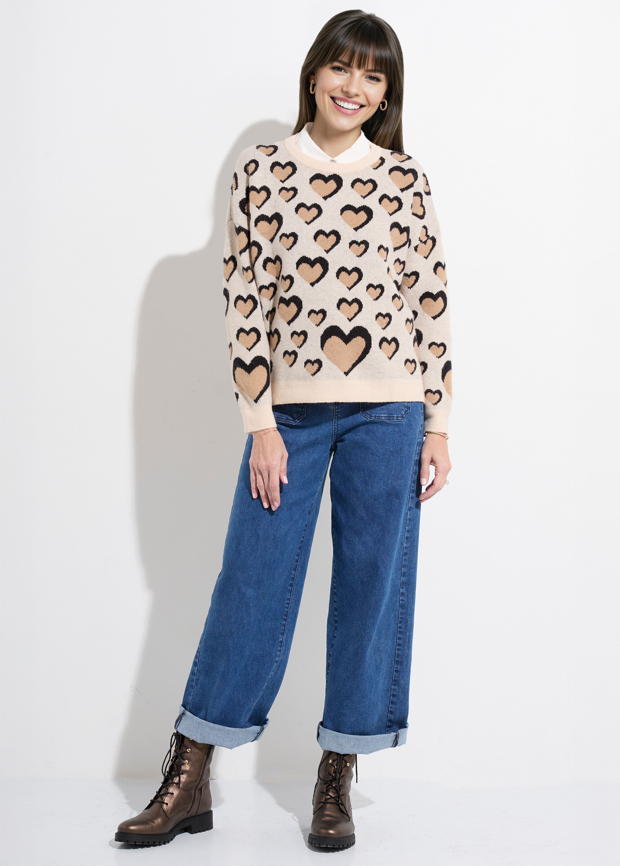 Pull col rond épais en laine avec coeurs Femme Beige KA-5688 SF1