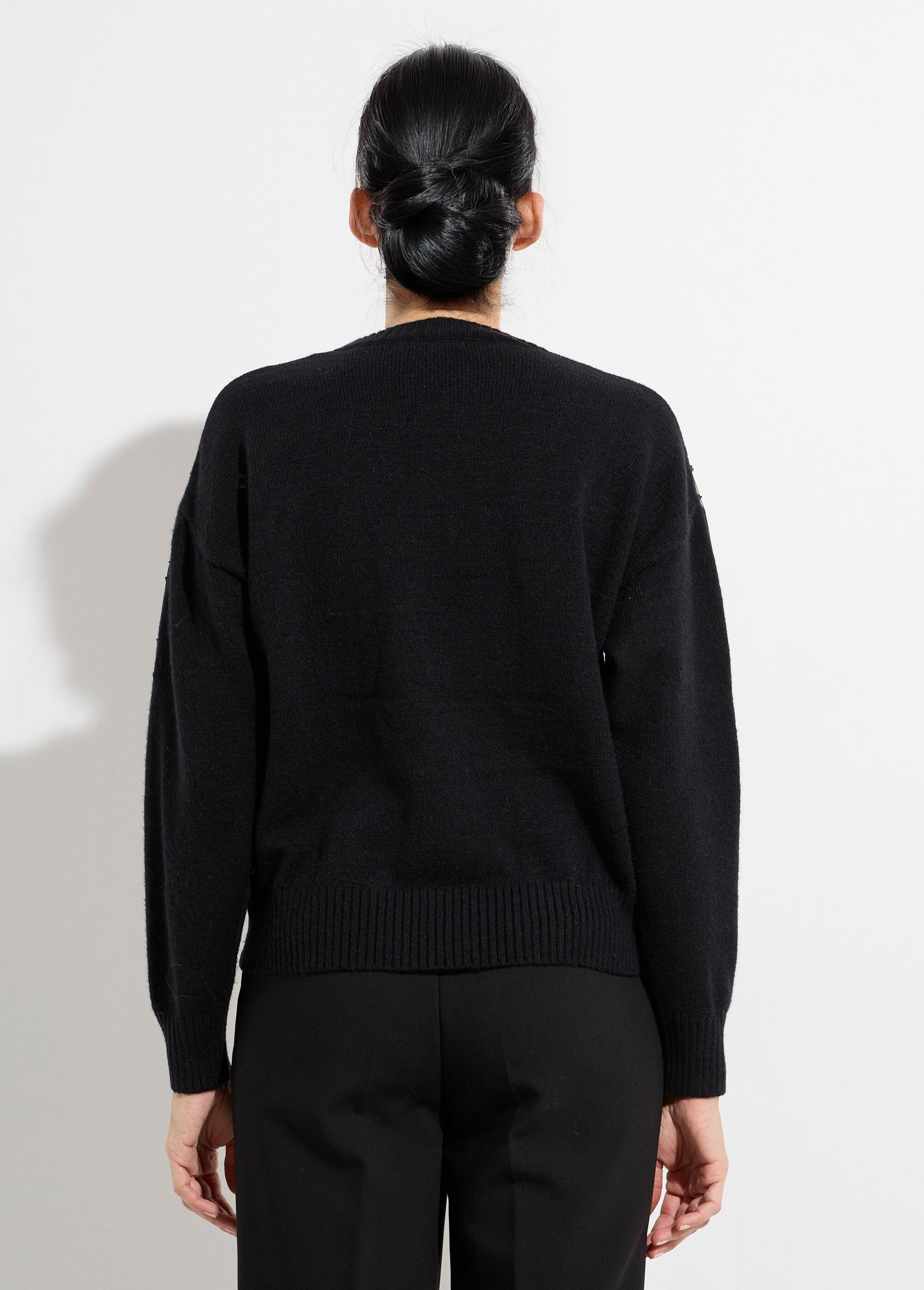 Pull col rond, perles et strass brillants Femme Noir KA-227 DO1