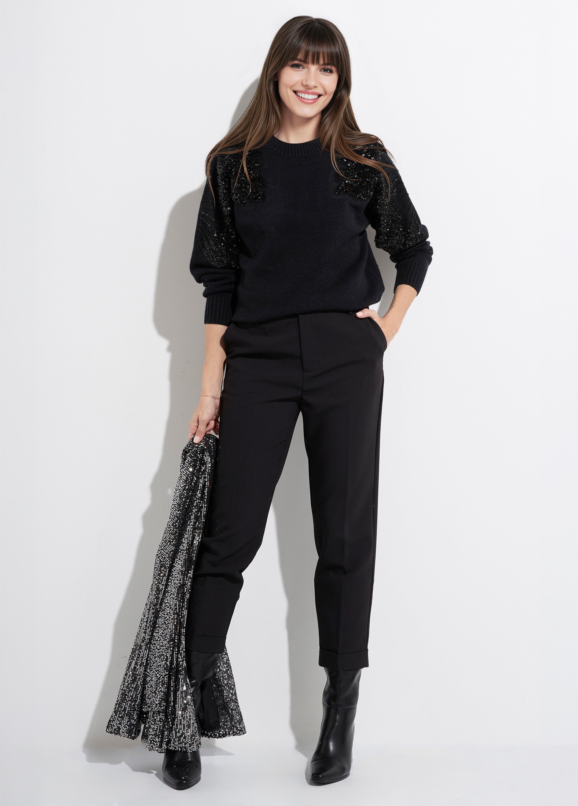 Pull col rond, perles et strass brillants Femme Noir KA-227 SI1