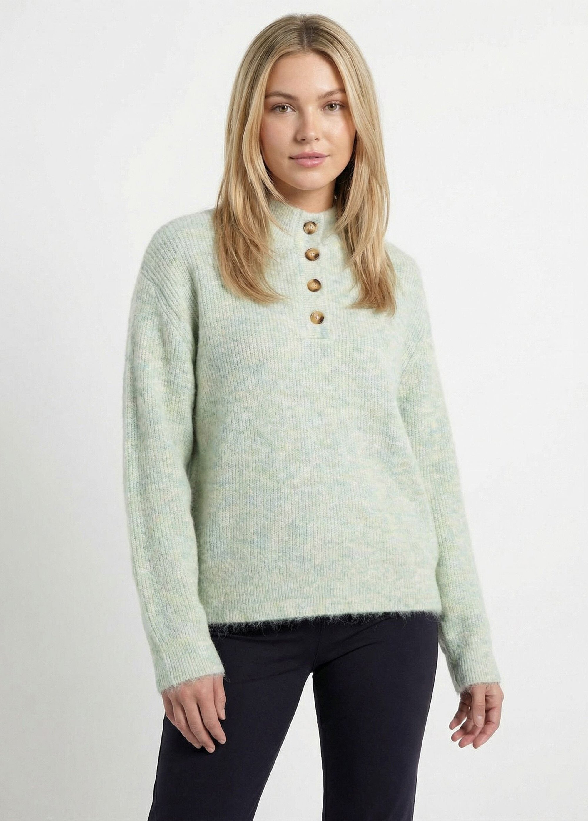Pull côtelé mouliné col montant boutonné Femme Vert MAYOL FA1