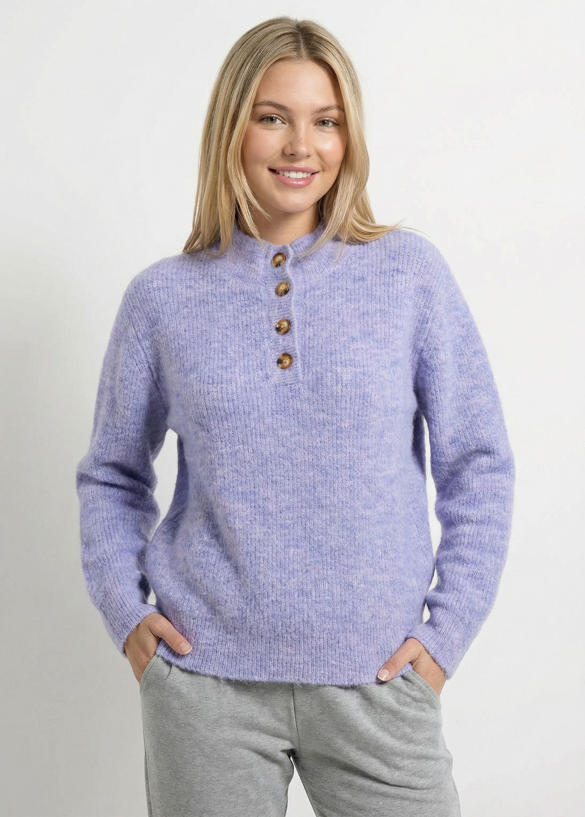 Pull côtelé mouliné col montant boutonné Femme Violet MAYOL FA1