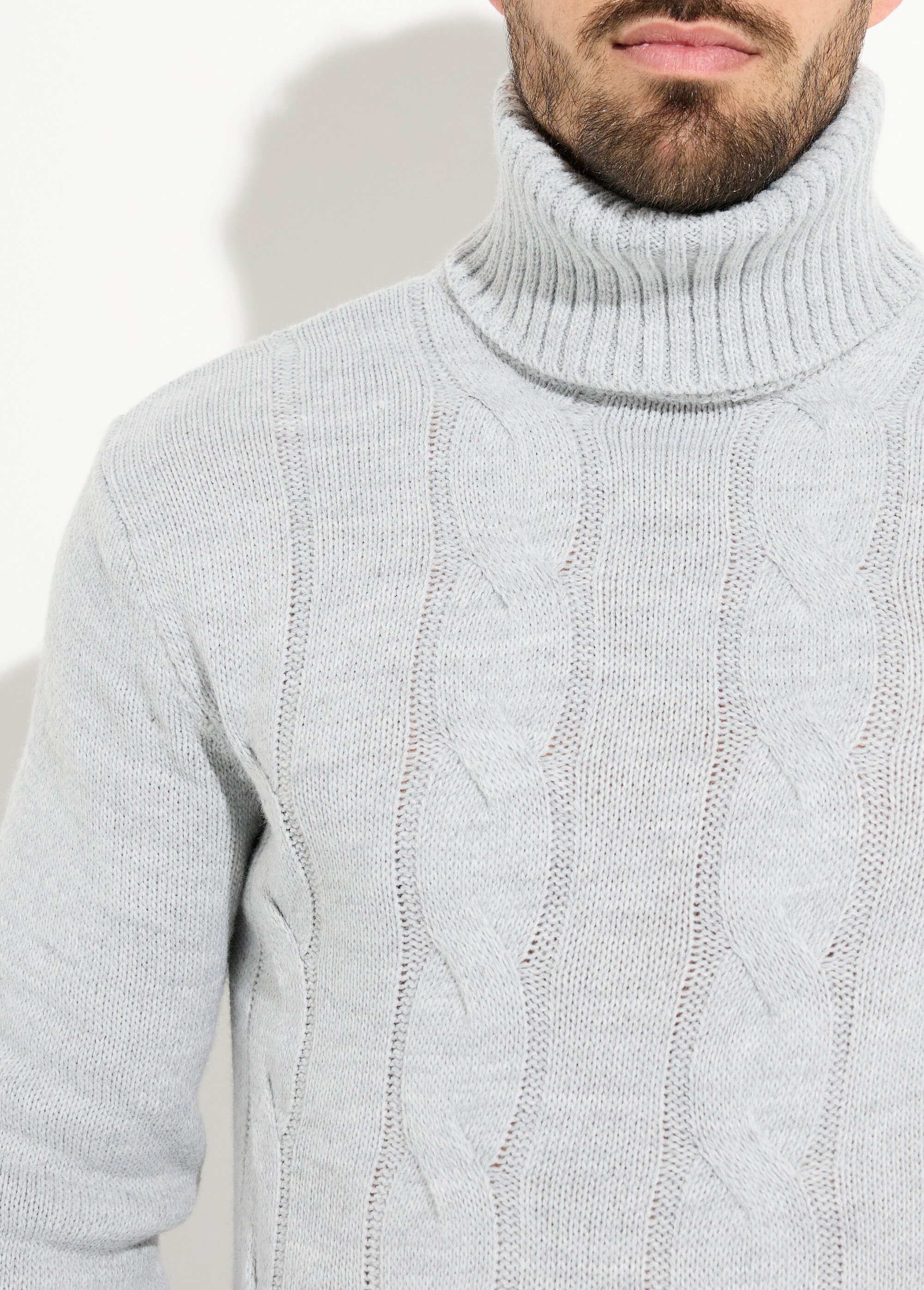 Pull irlandais col roulé chaud avec laine Homme Gris DYL1928 DE1