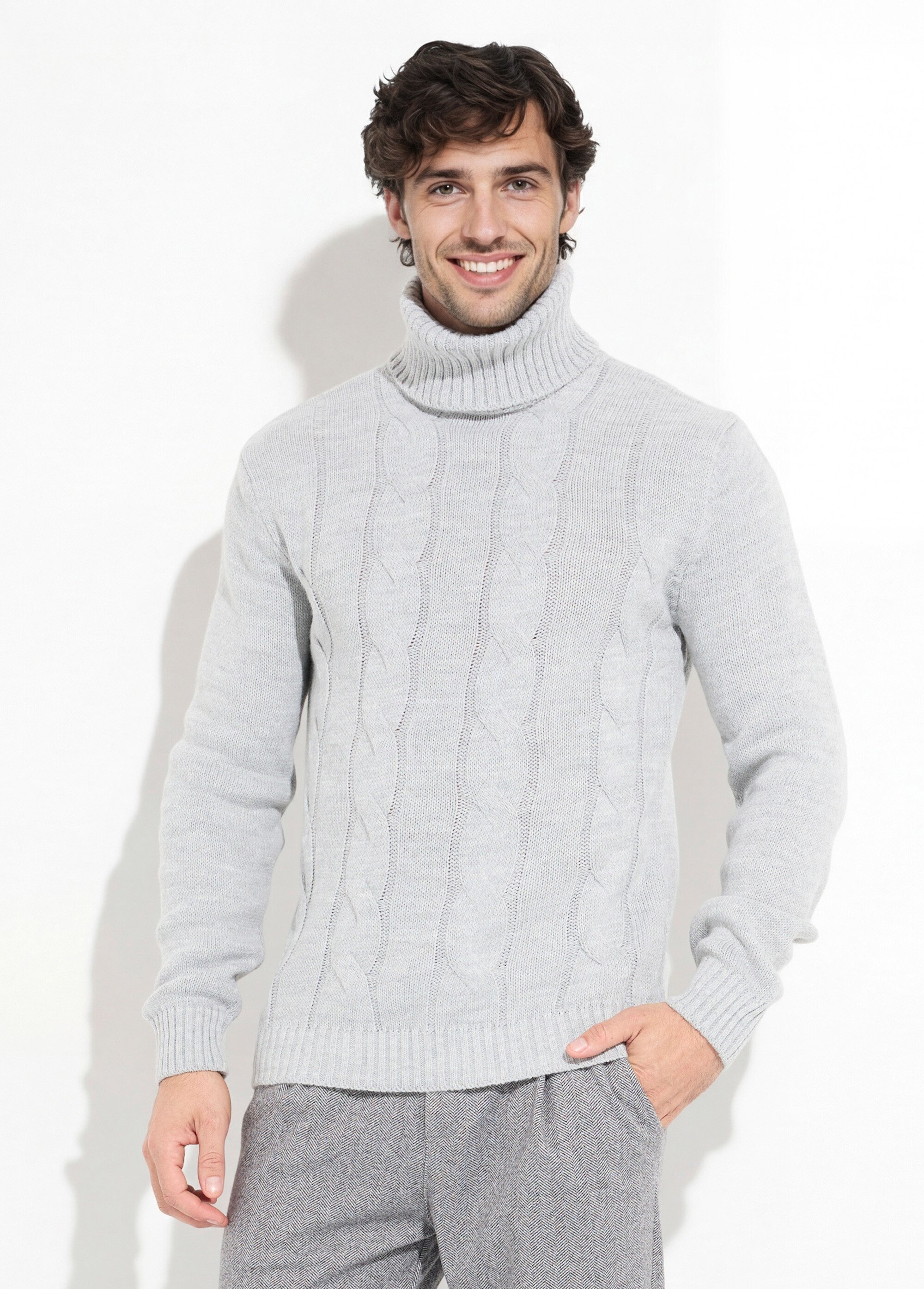 Pull irlandais col roulé chaud avec laine Homme Gris DYL1928 FA1