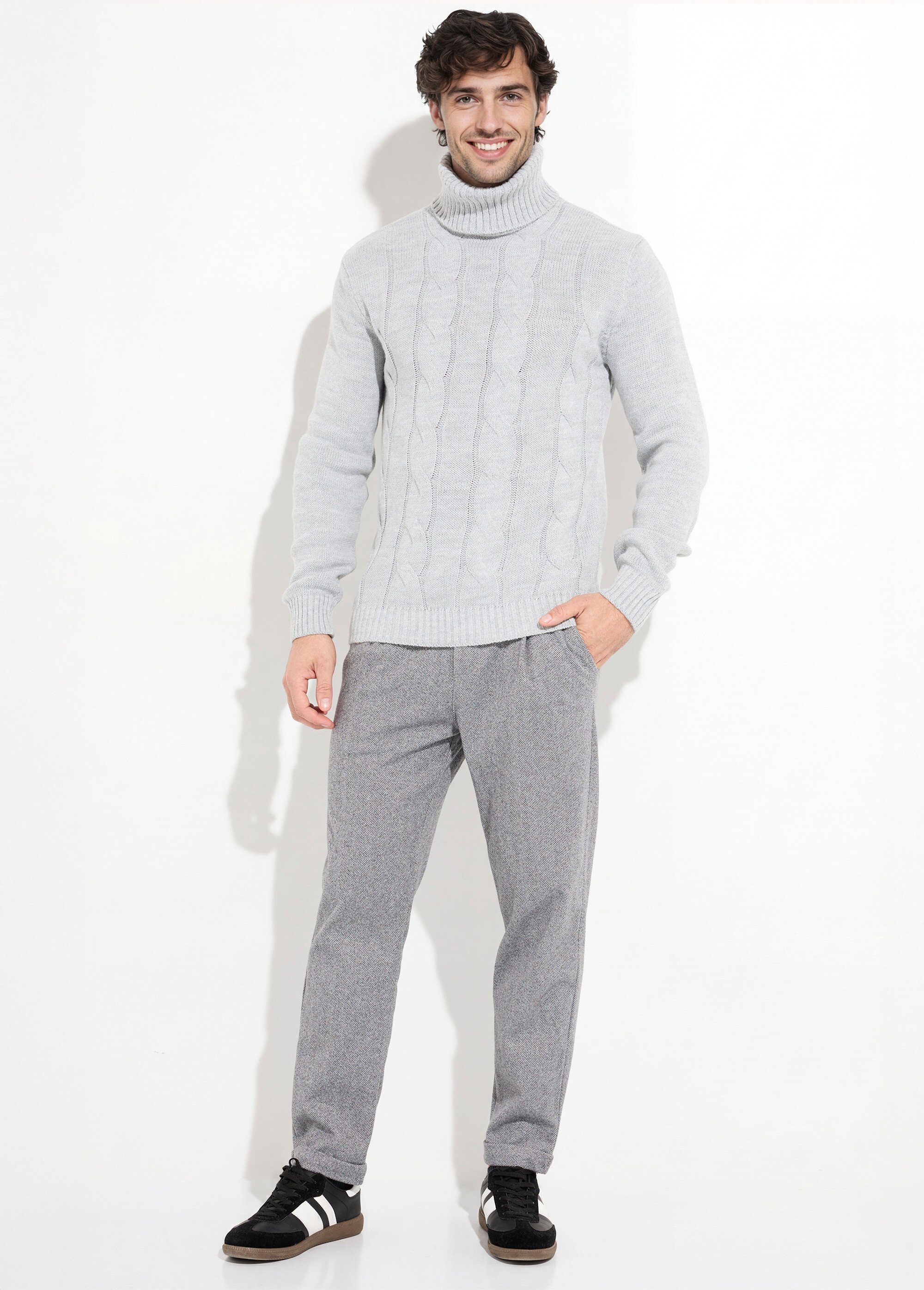 Pull irlandais col roulé chaud avec laine Homme Gris DYL1928 SF1