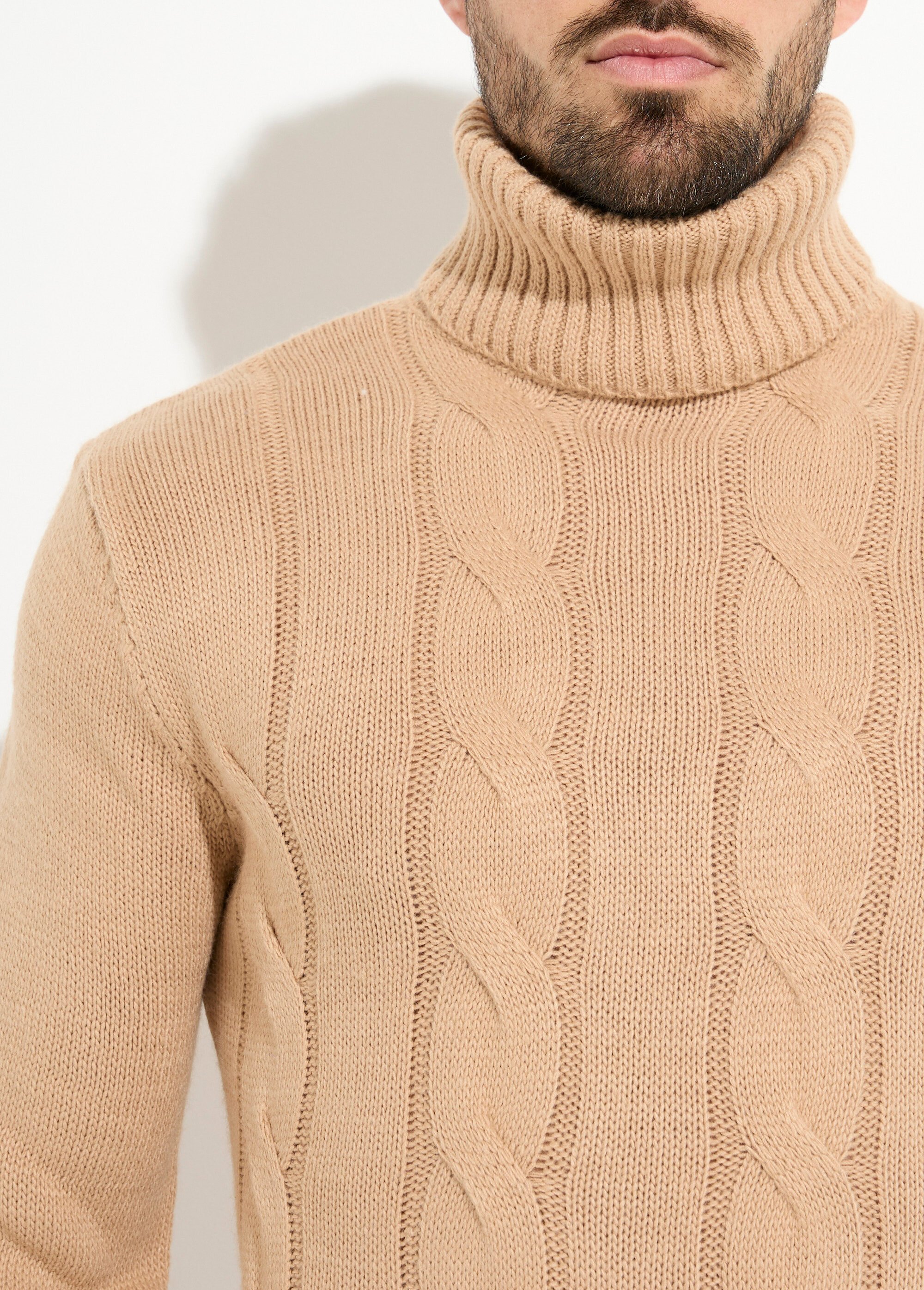 Pull irlandais col roulé chaud avec laine Homme Beige DYL1928 DE1